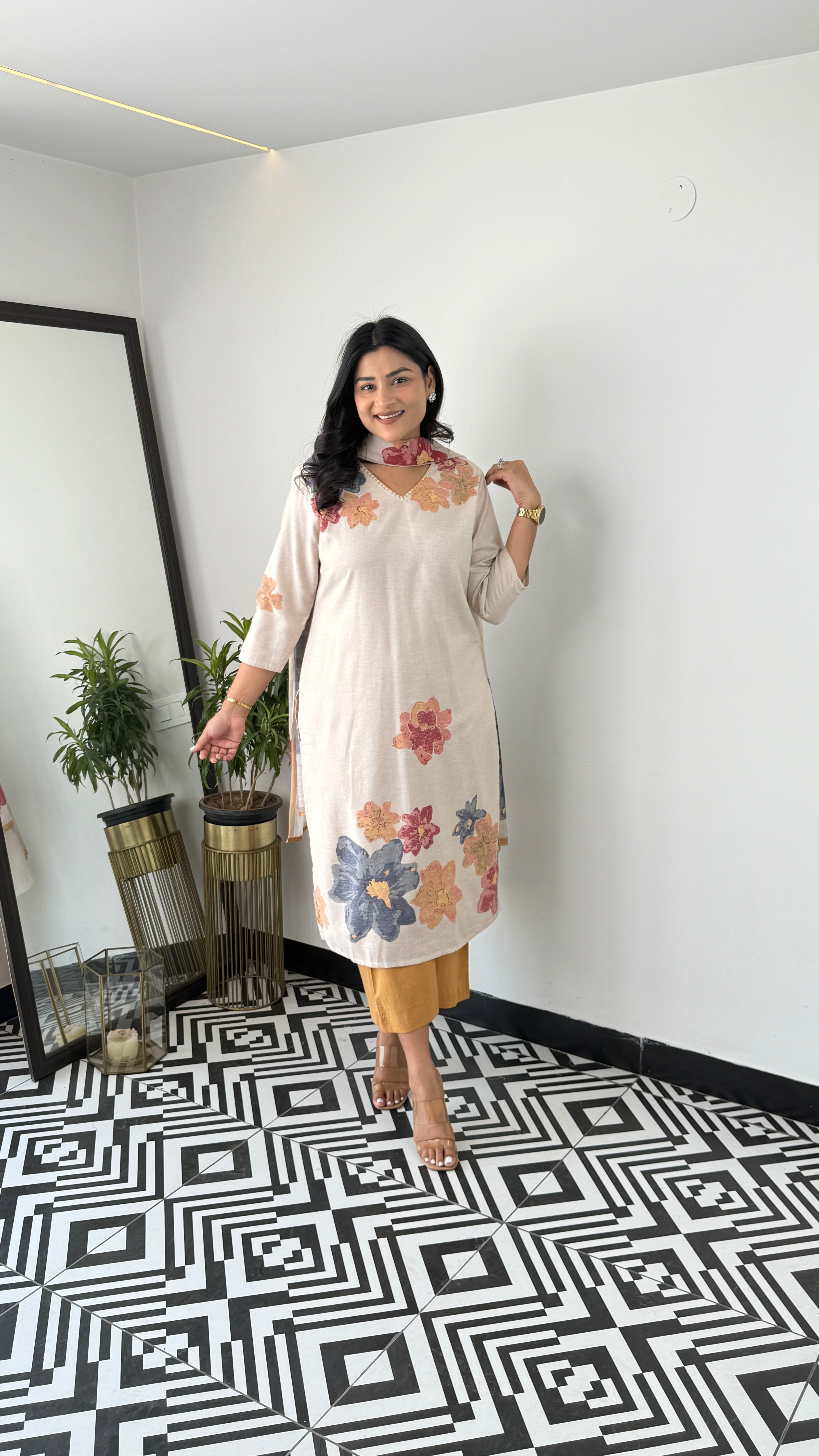 ⁠Textile Mustard & Blue Floral Suit Set