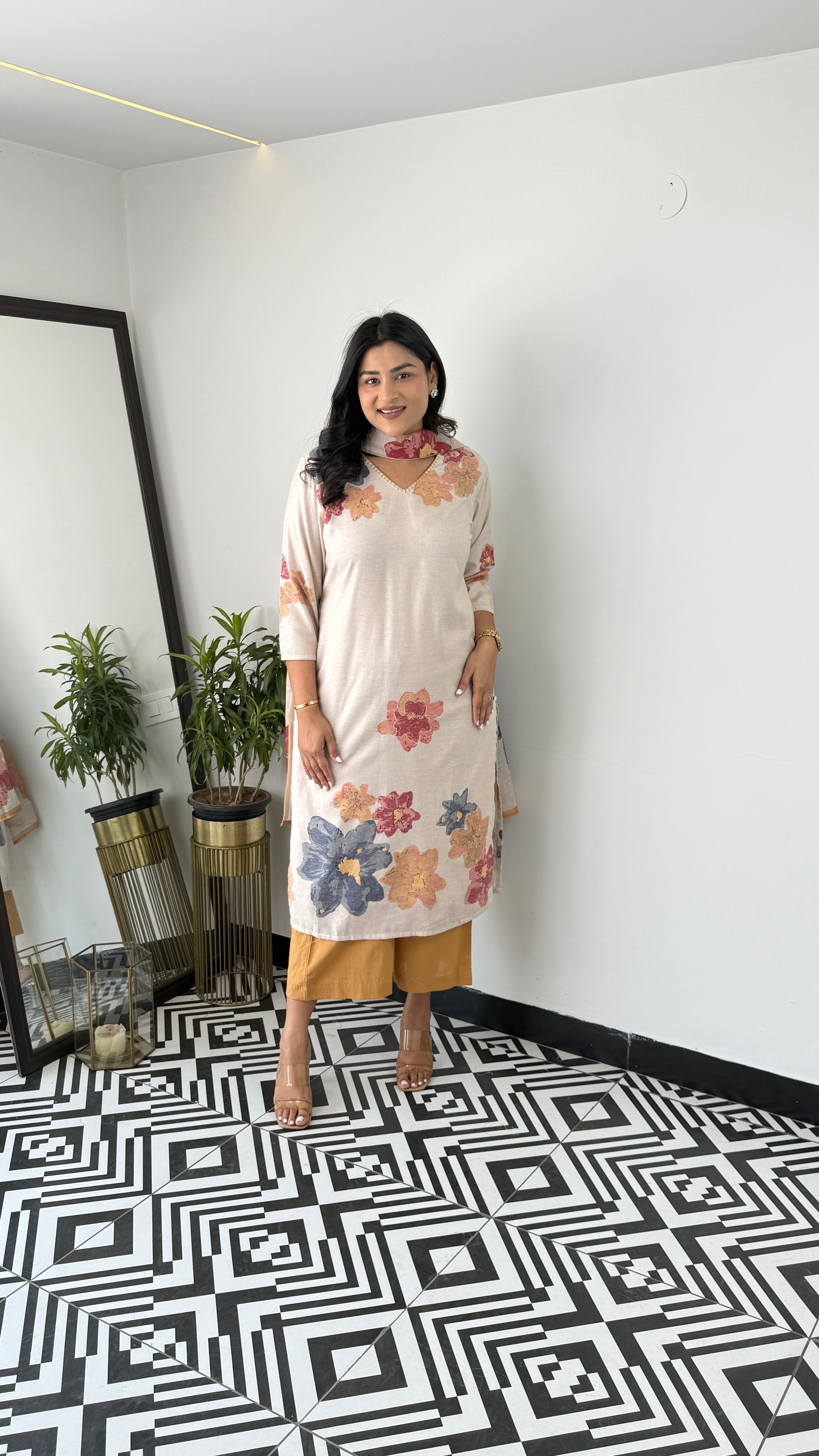 ⁠Textile Mustard & Blue Floral Suit Set