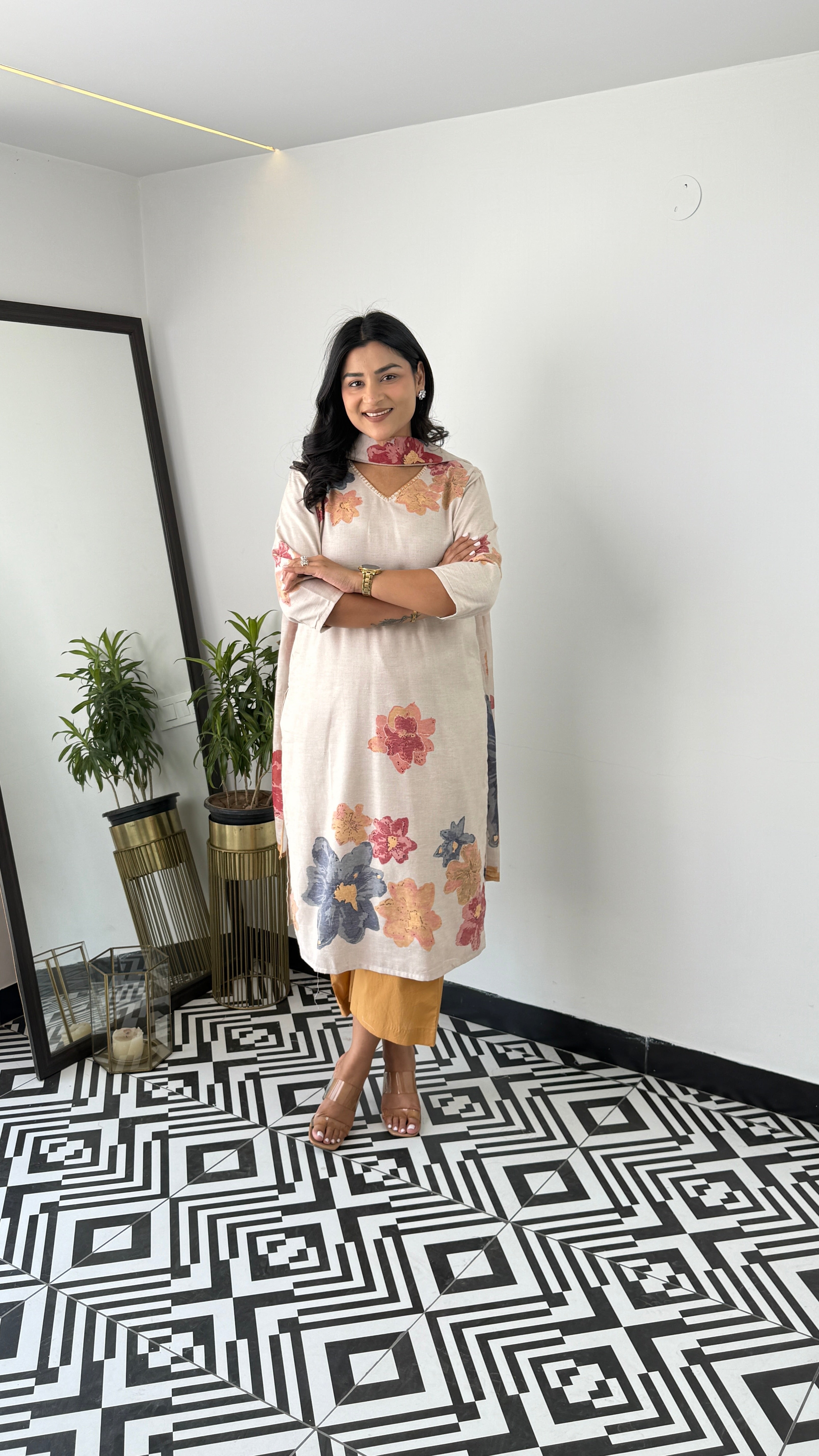 ⁠Textile Mustard & Blue Floral Suit Set