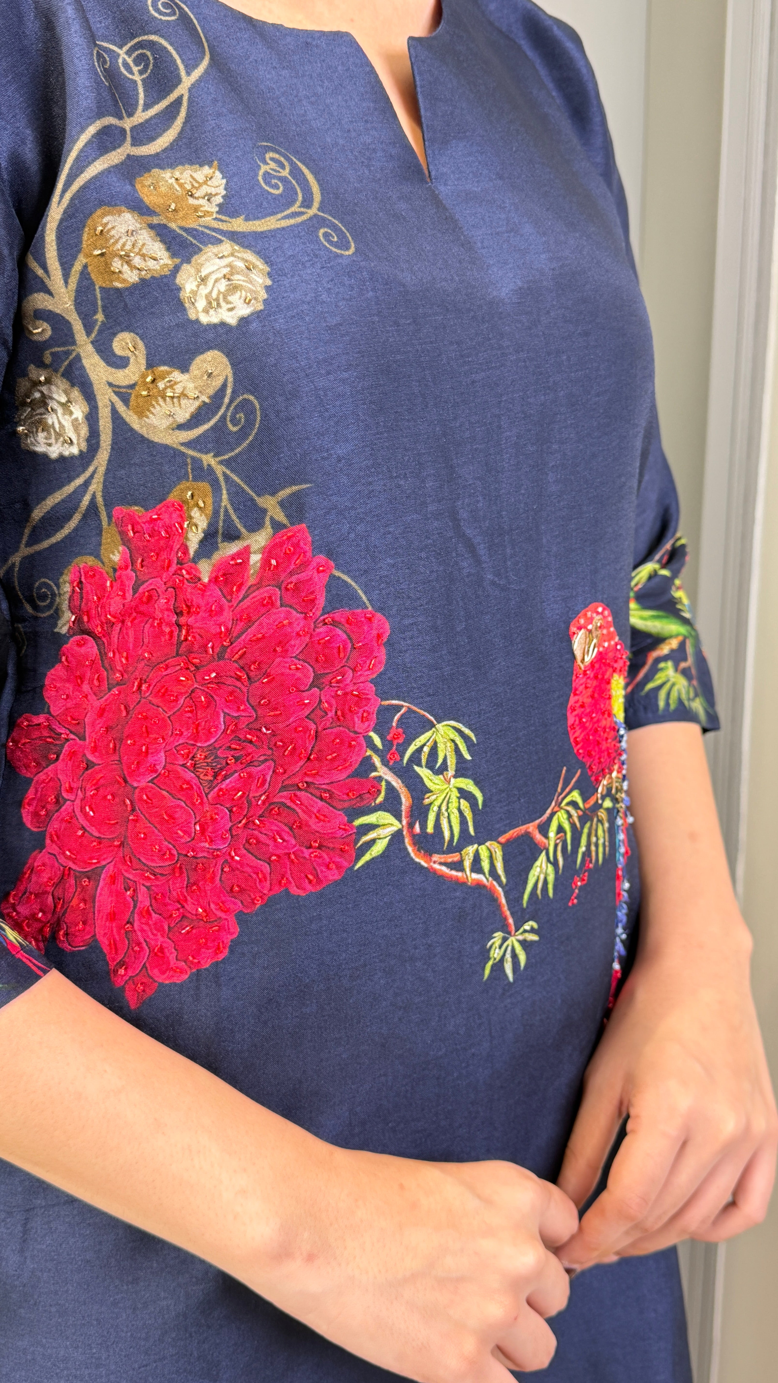 Blue Parrot Silk Suit Set