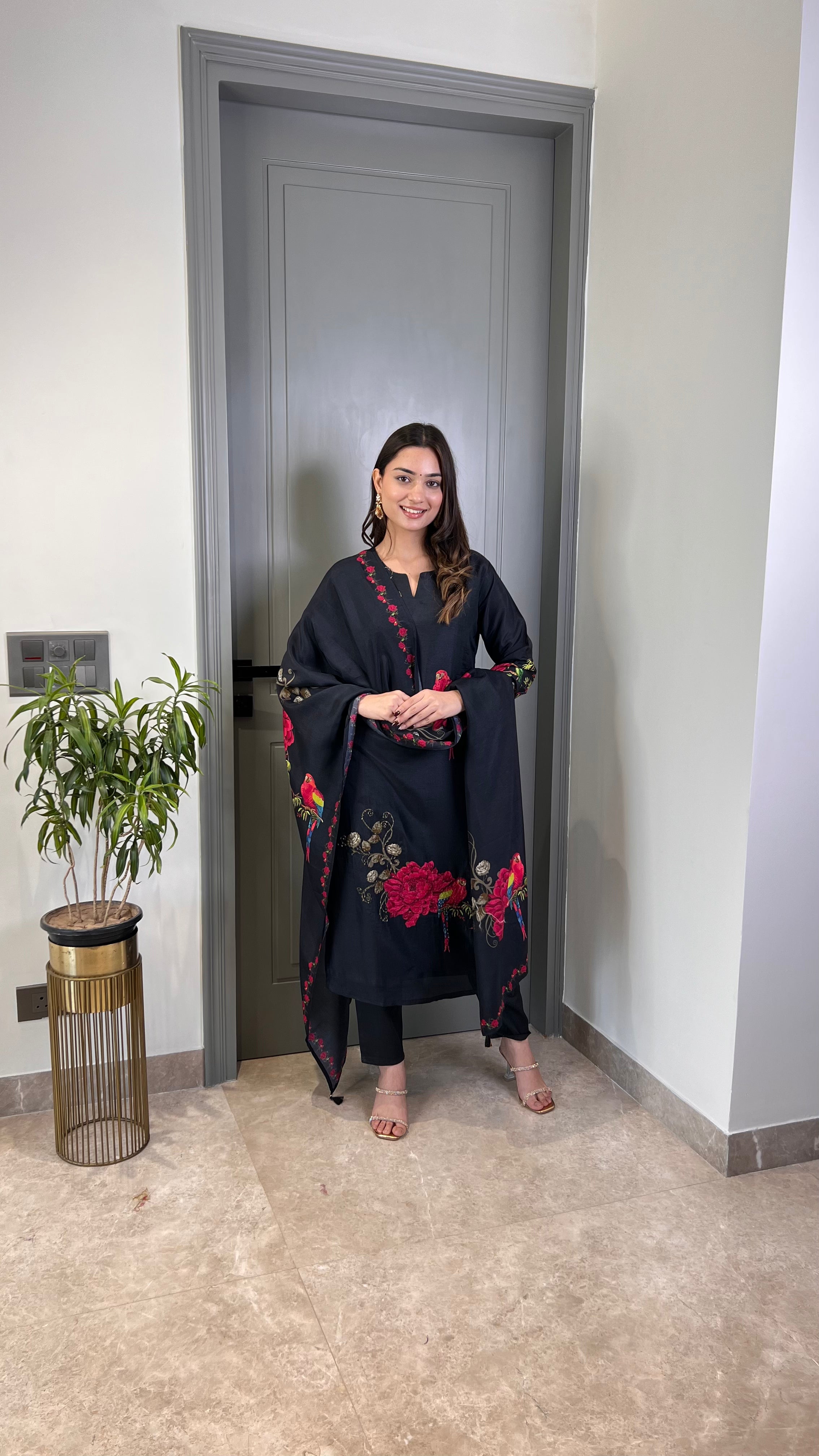 Black Parrot Silk Suit Set