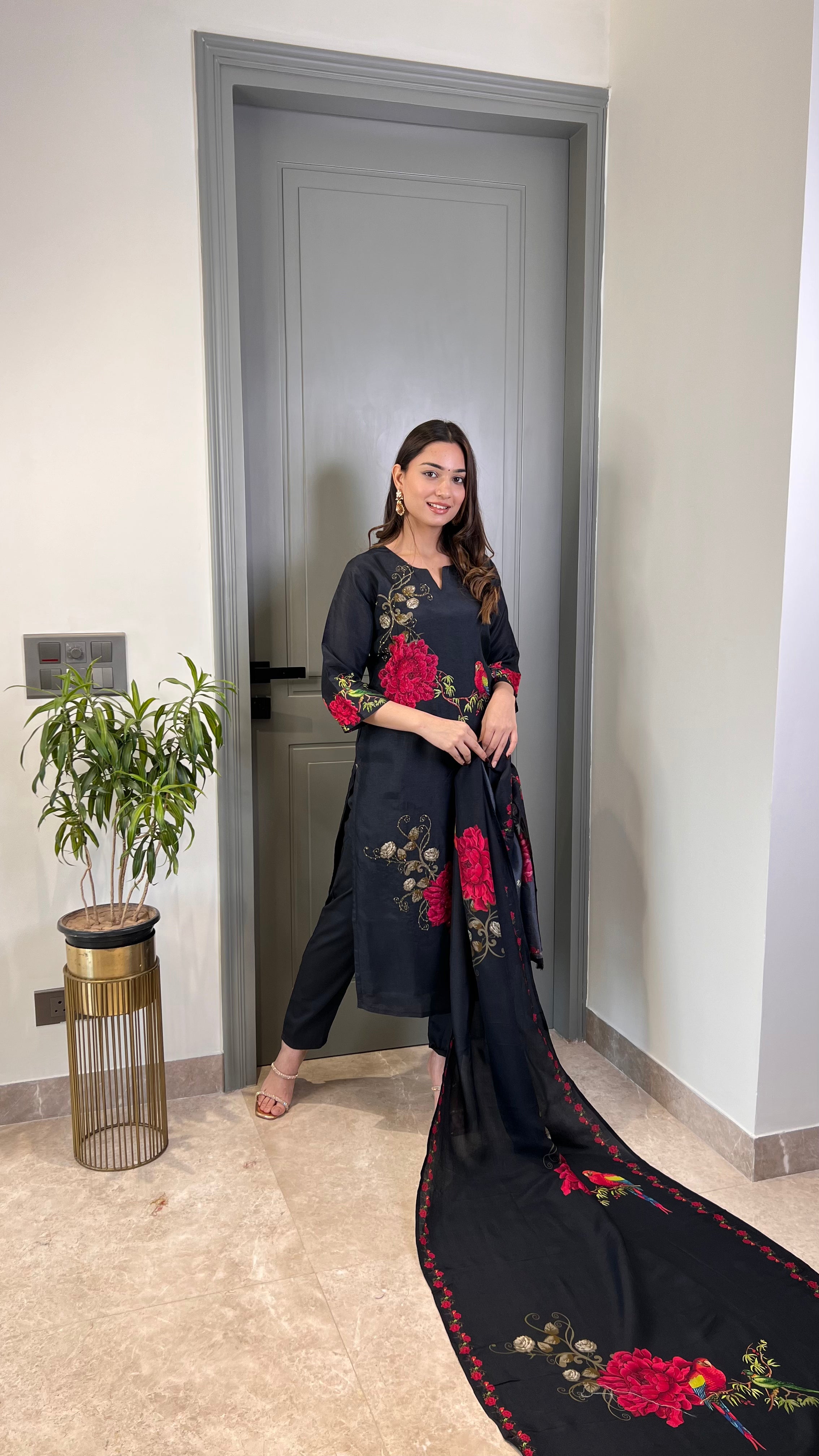 Black Parrot Silk Suit Set