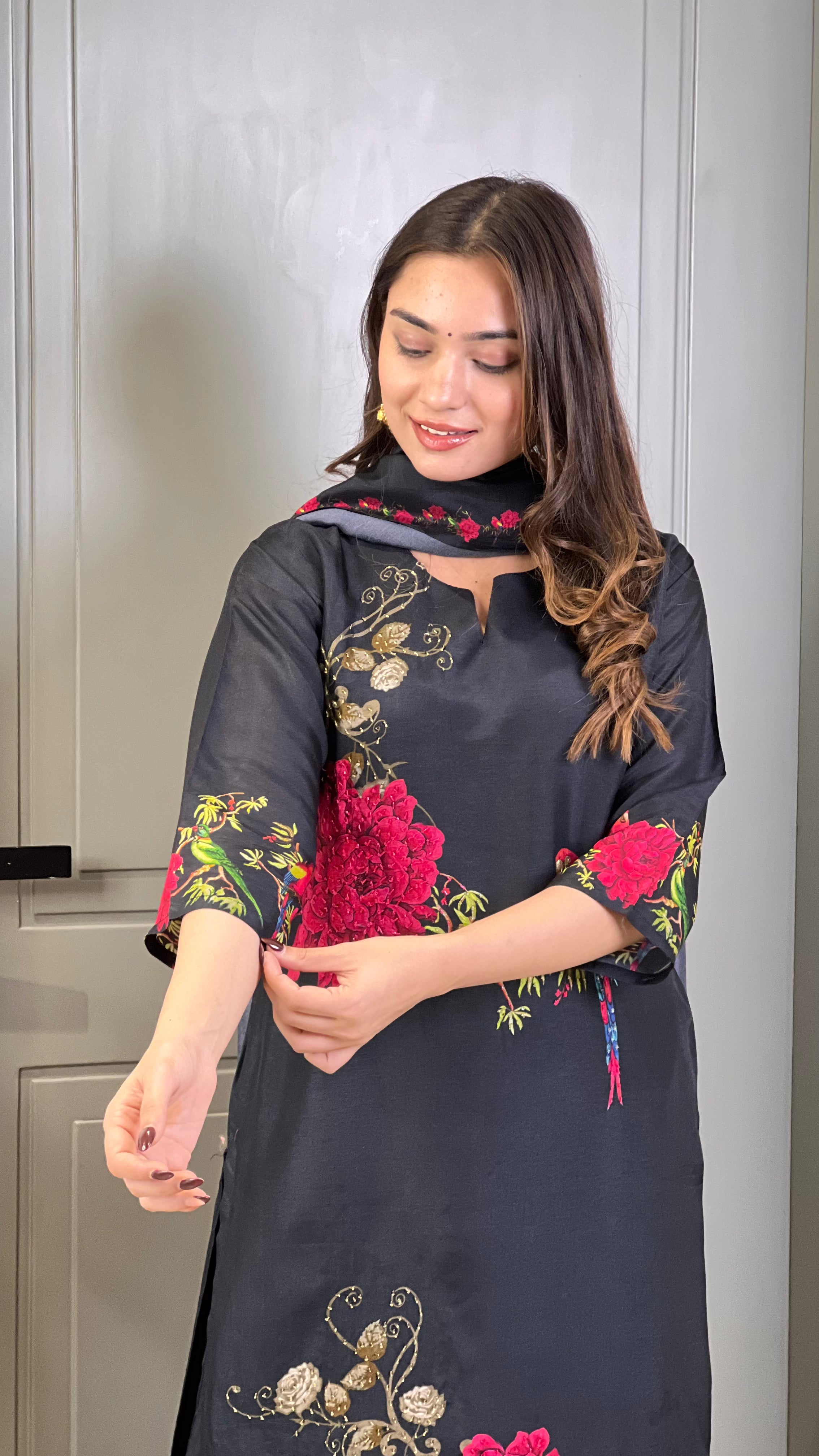 Black Parrot Silk Suit Set
