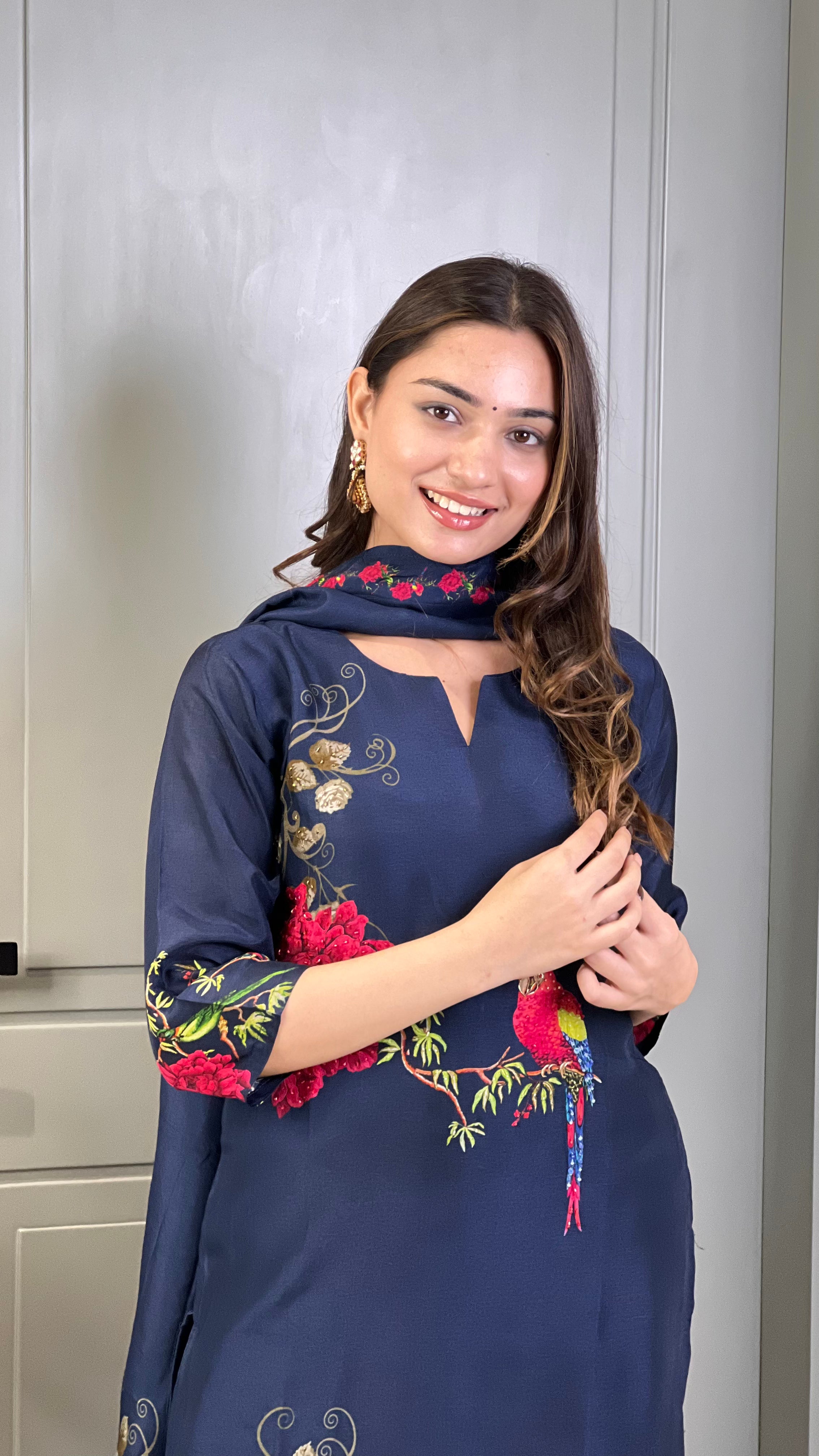 Blue Parrot Silk Suit Set