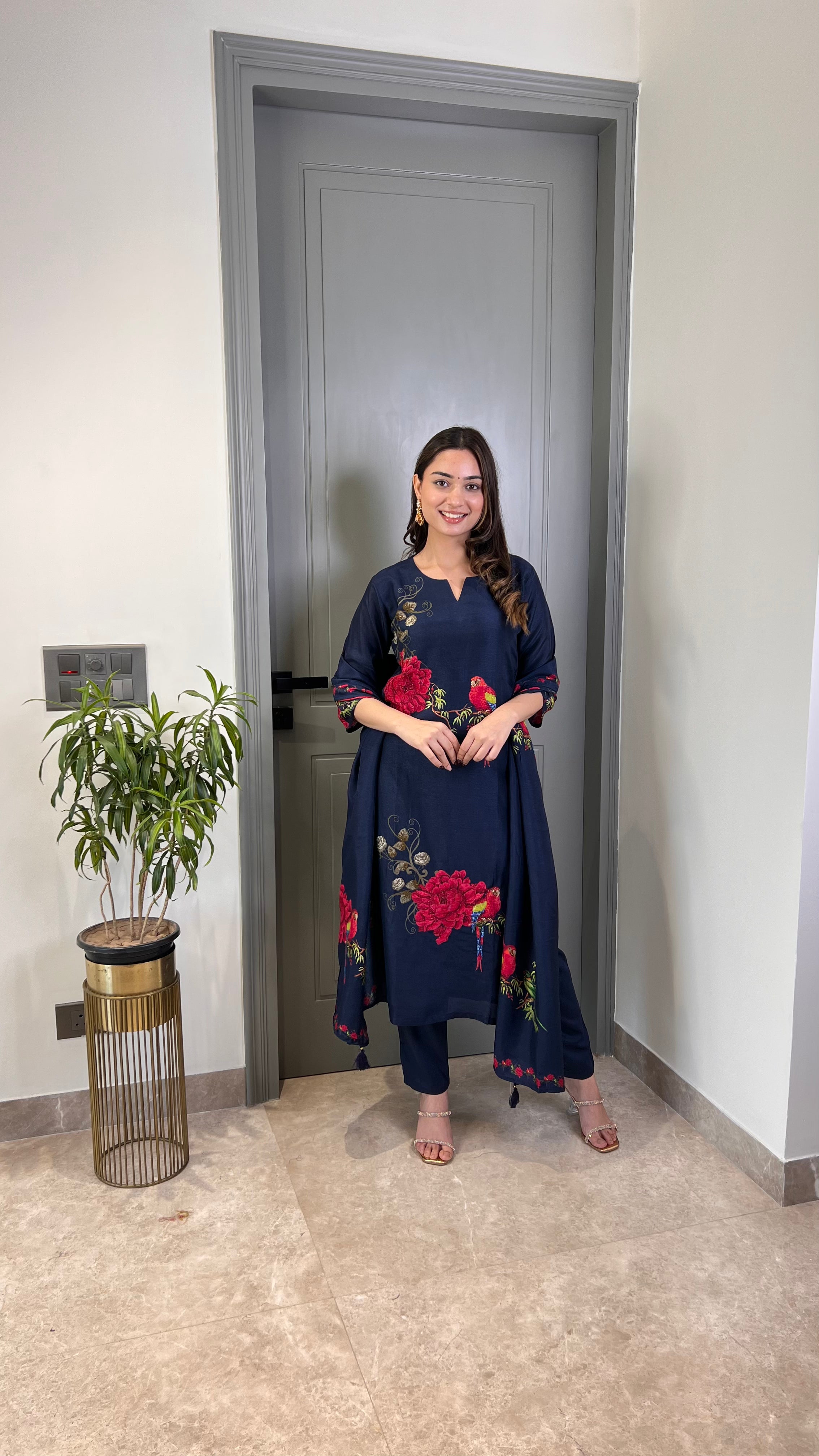 Blue Parrot Silk Suit Set