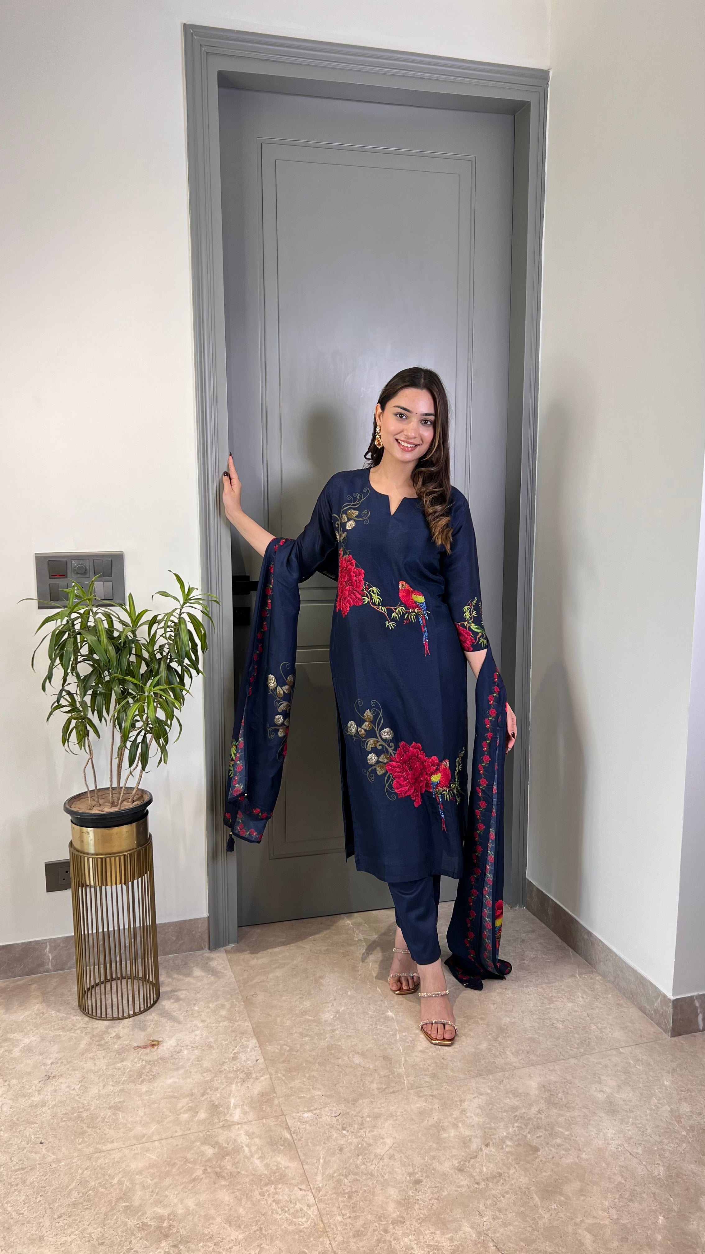 Blue Parrot Silk Suit Set