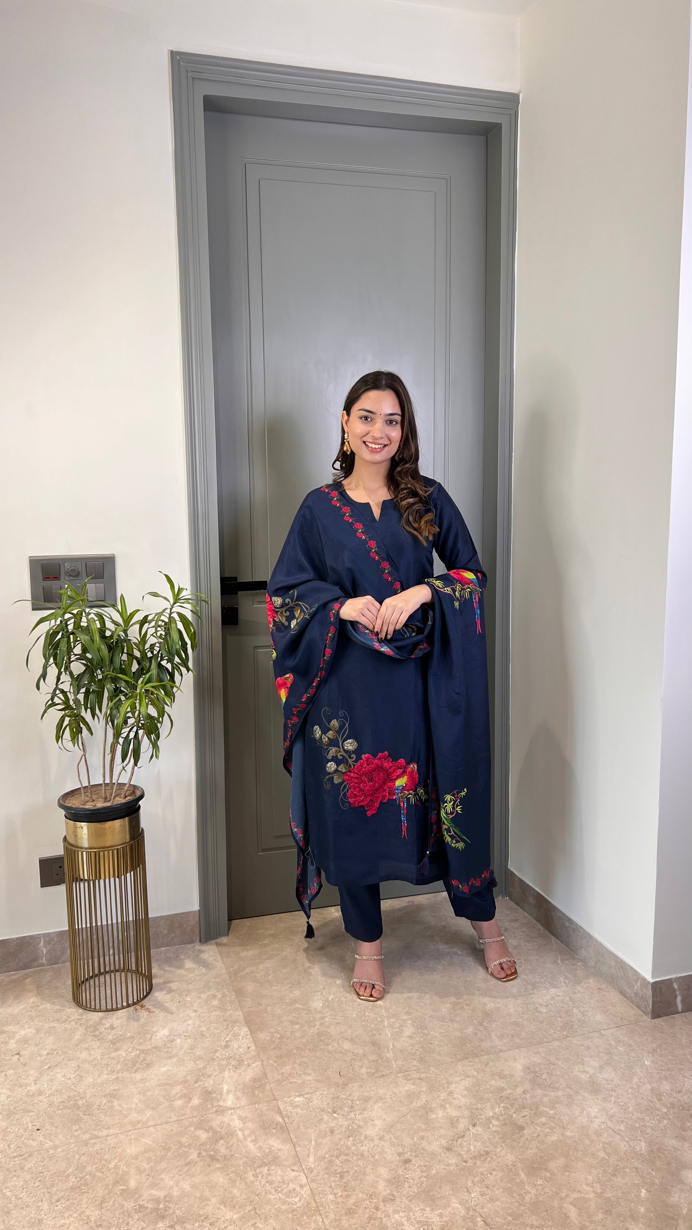 Blue Parrot Silk Suit Set