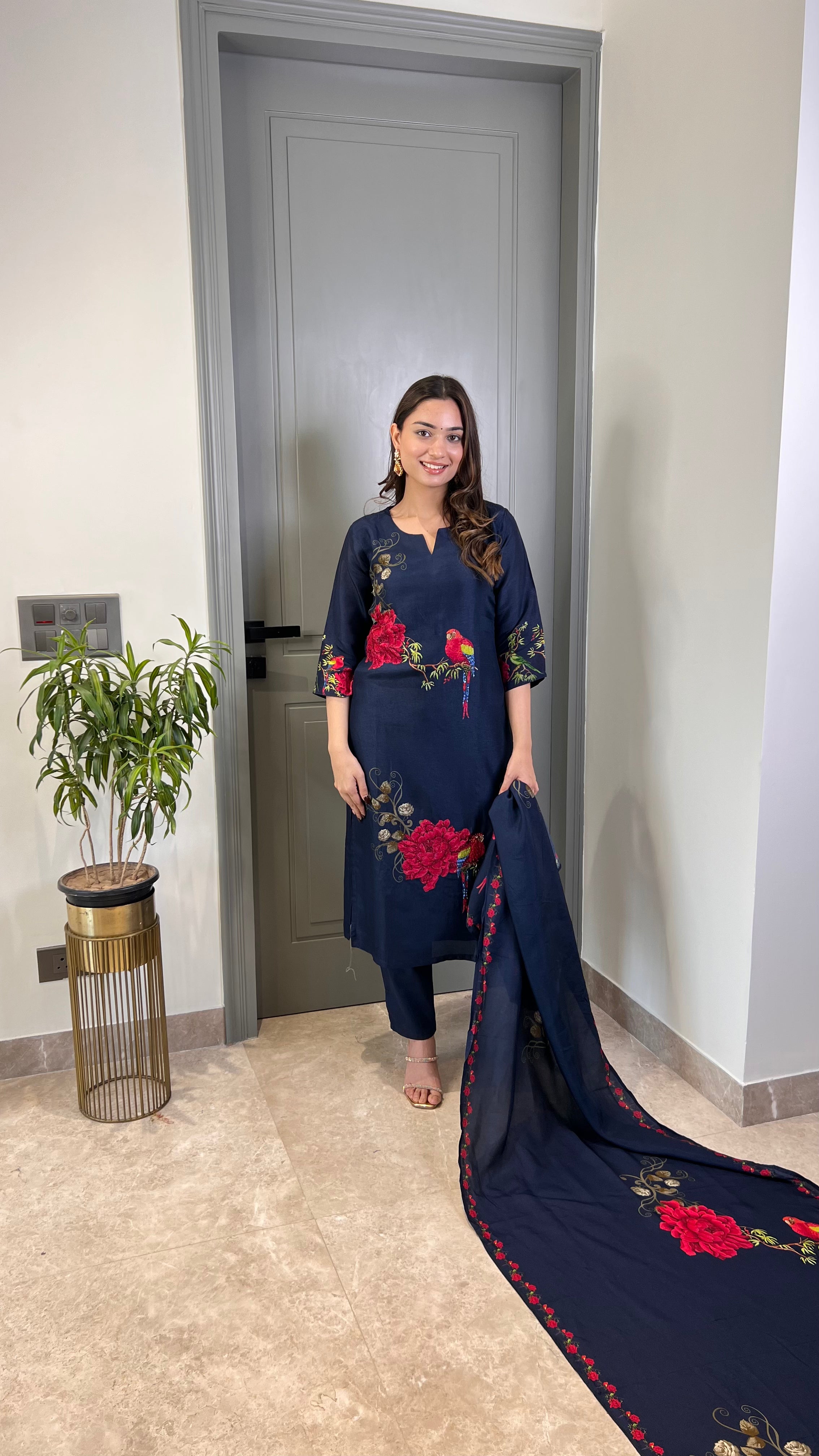 Blue Parrot Silk Suit Set