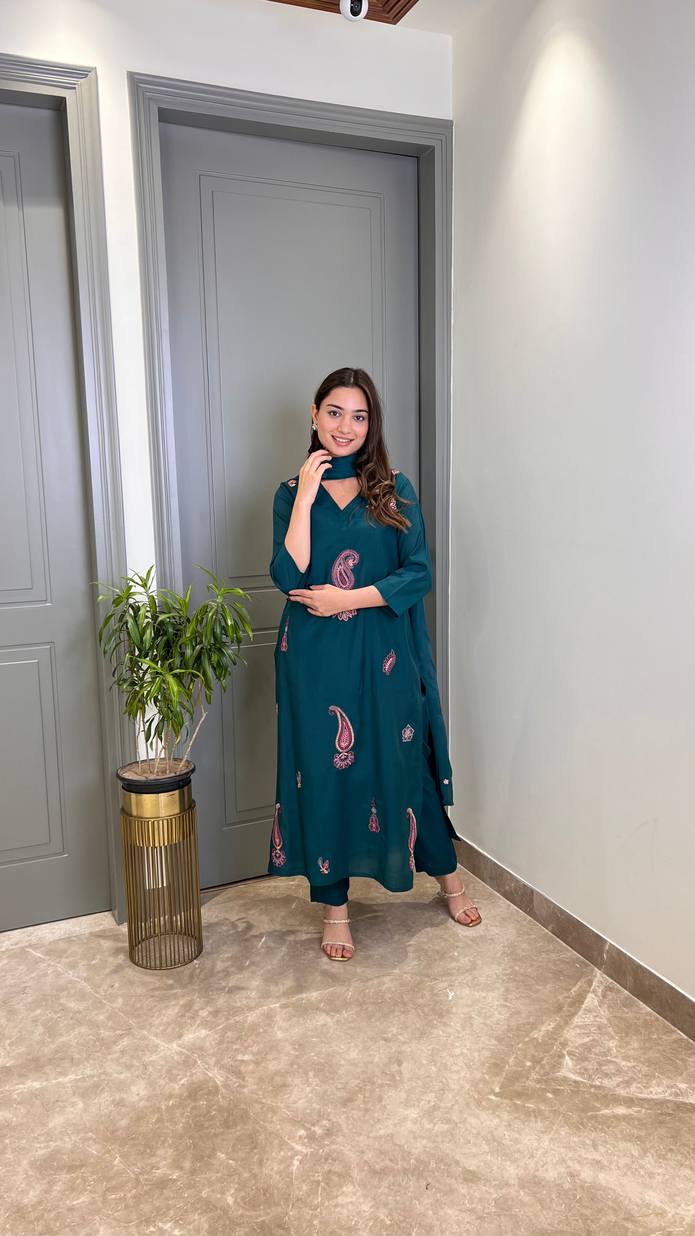 Ambi Threadwork Teal Suit Set