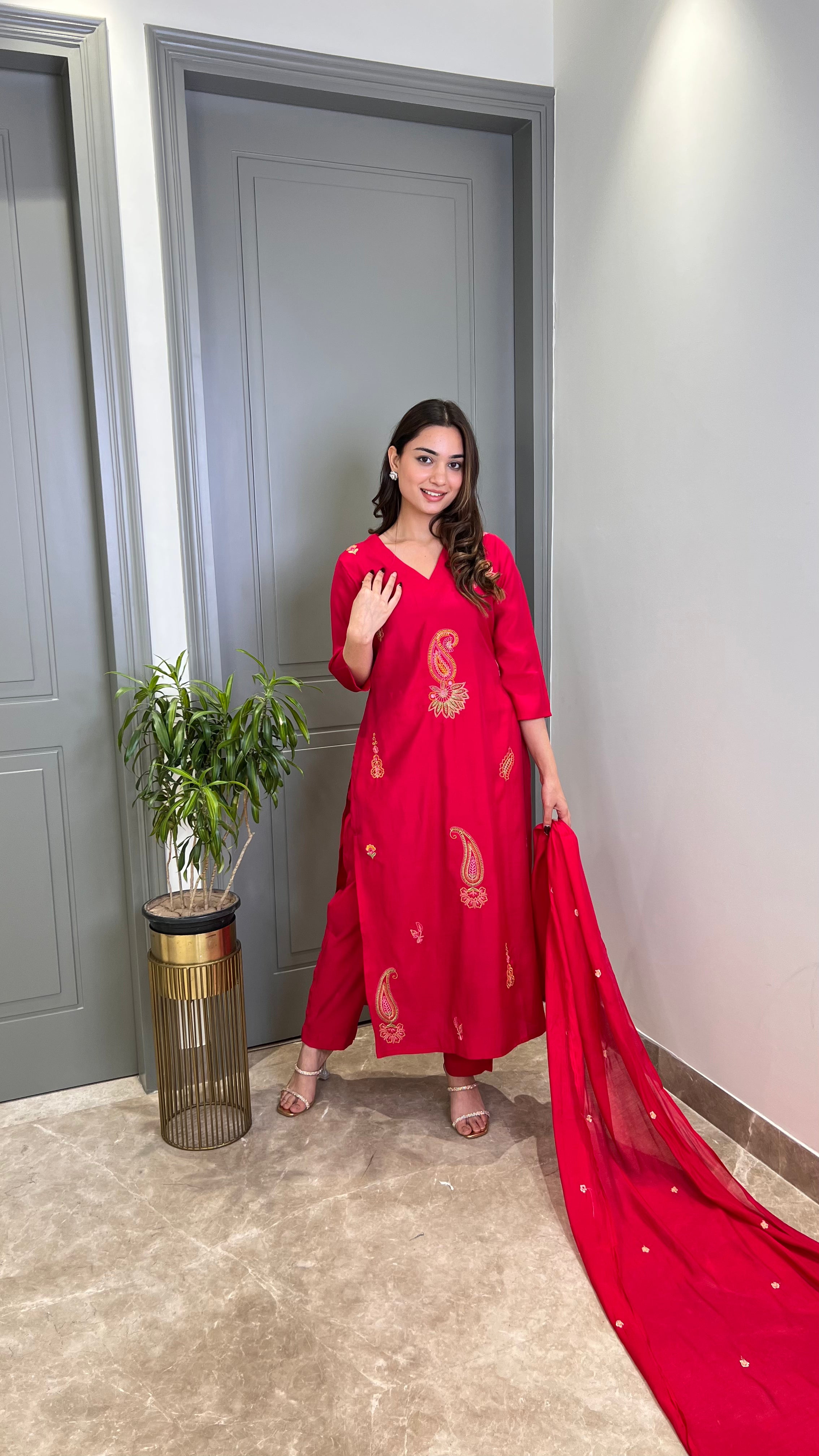 Ambi Threadwork Pink Suit Set