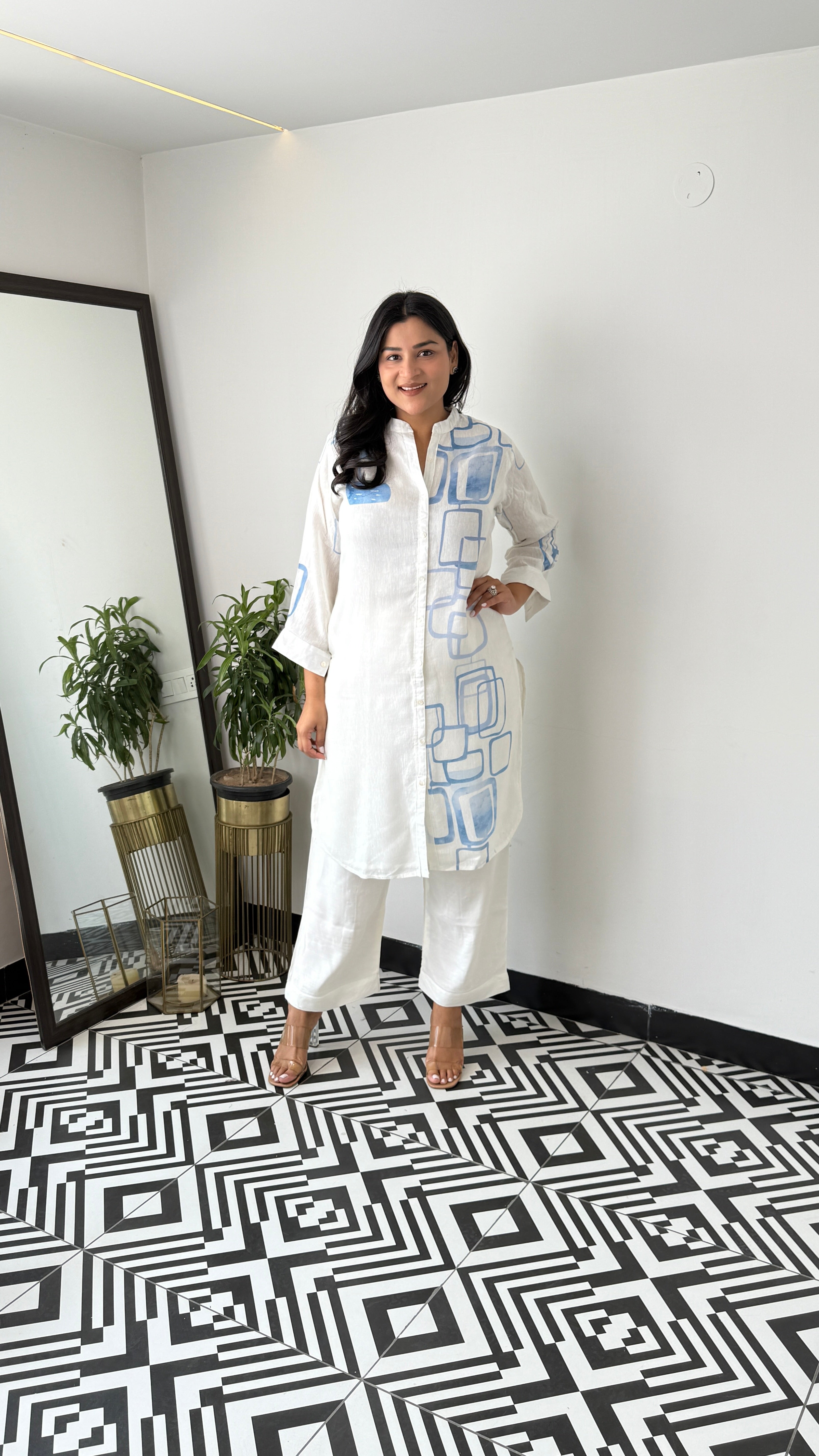 Ivory and Blue Linen Kurta Pants