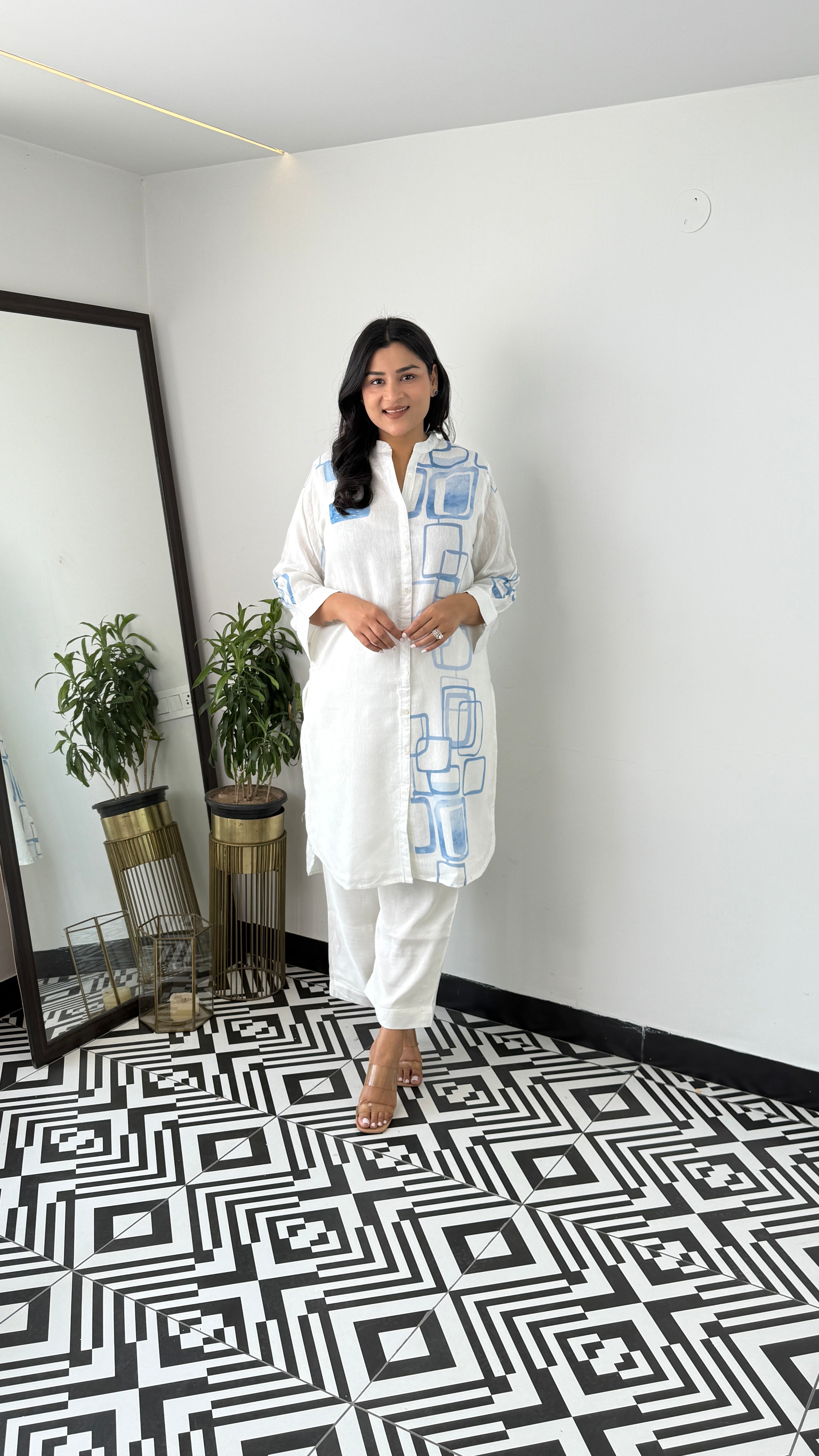 Ivory and Blue Linen Kurta Pants