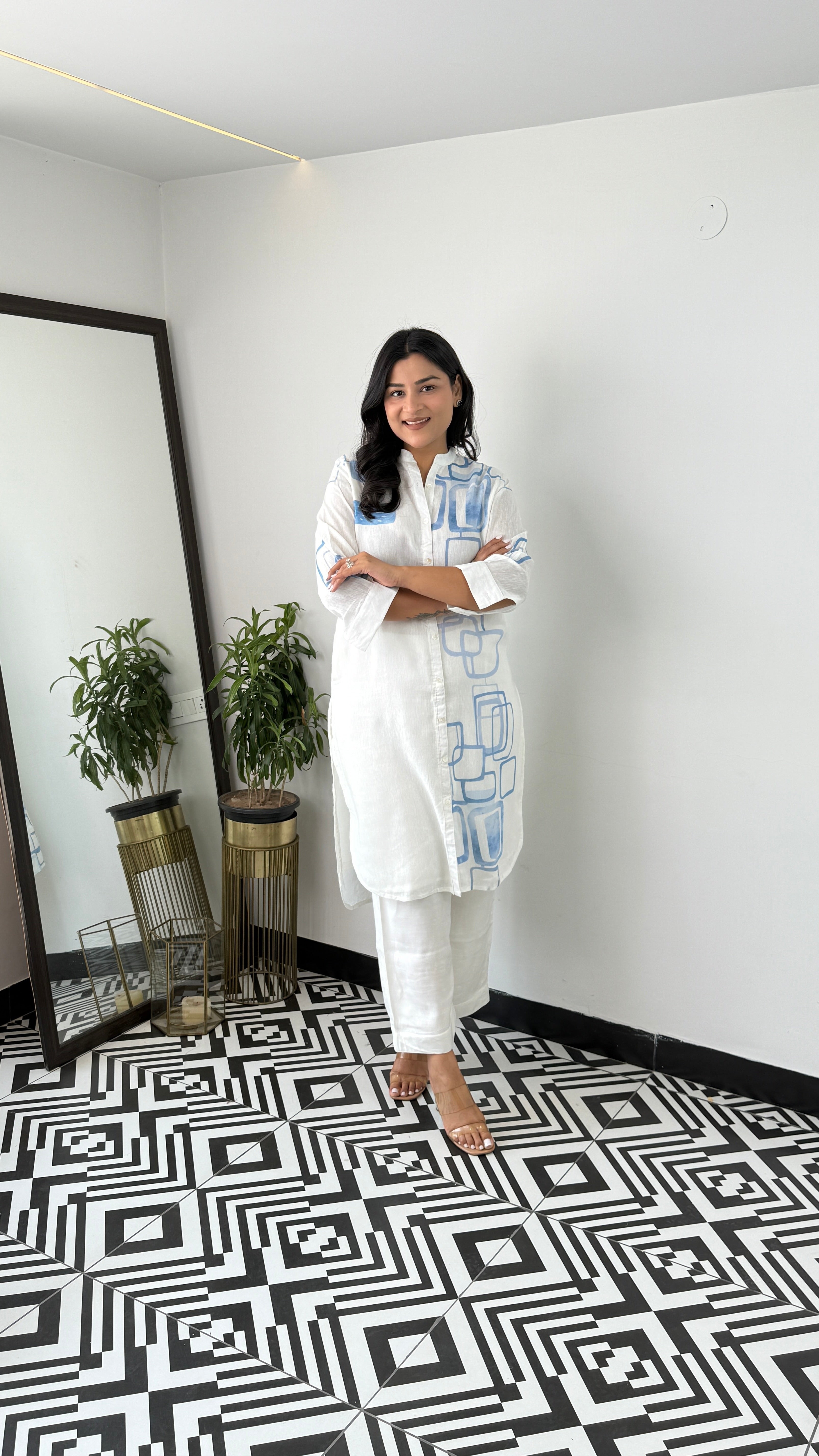 Ivory and Blue Linen Kurta Pants