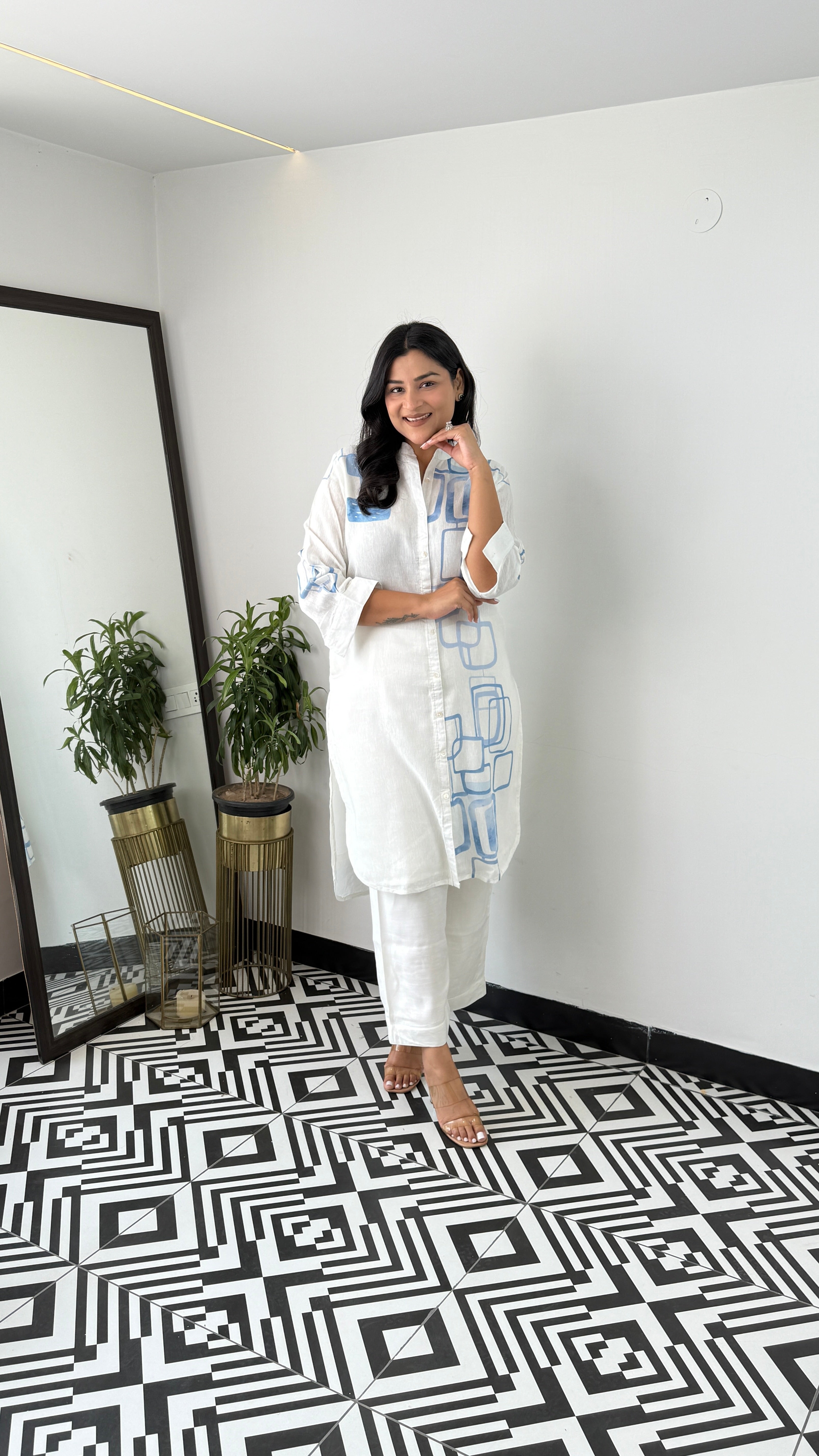 Ivory and Blue Linen Kurta Pants