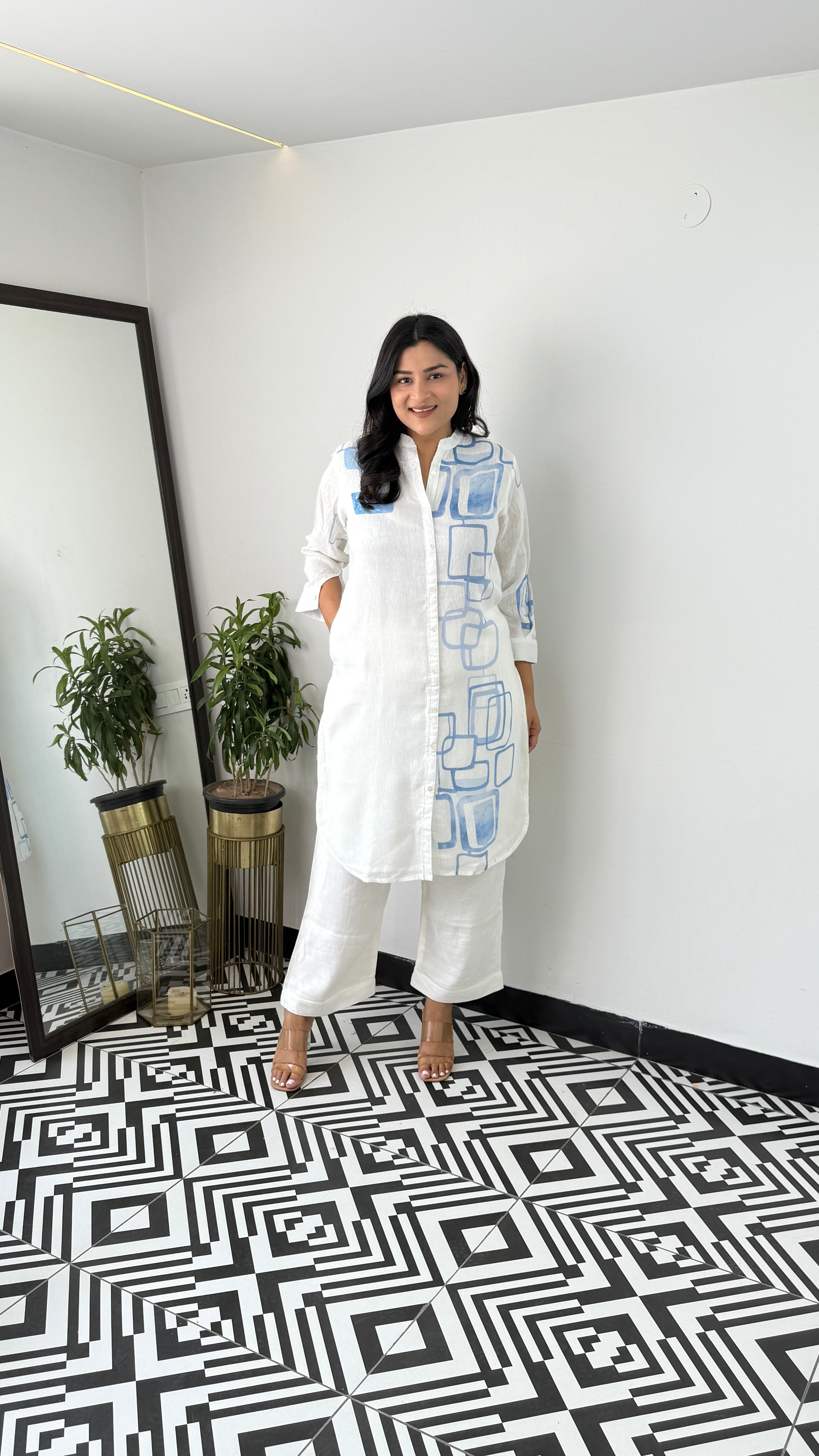 Ivory and Blue Linen Kurta Pants