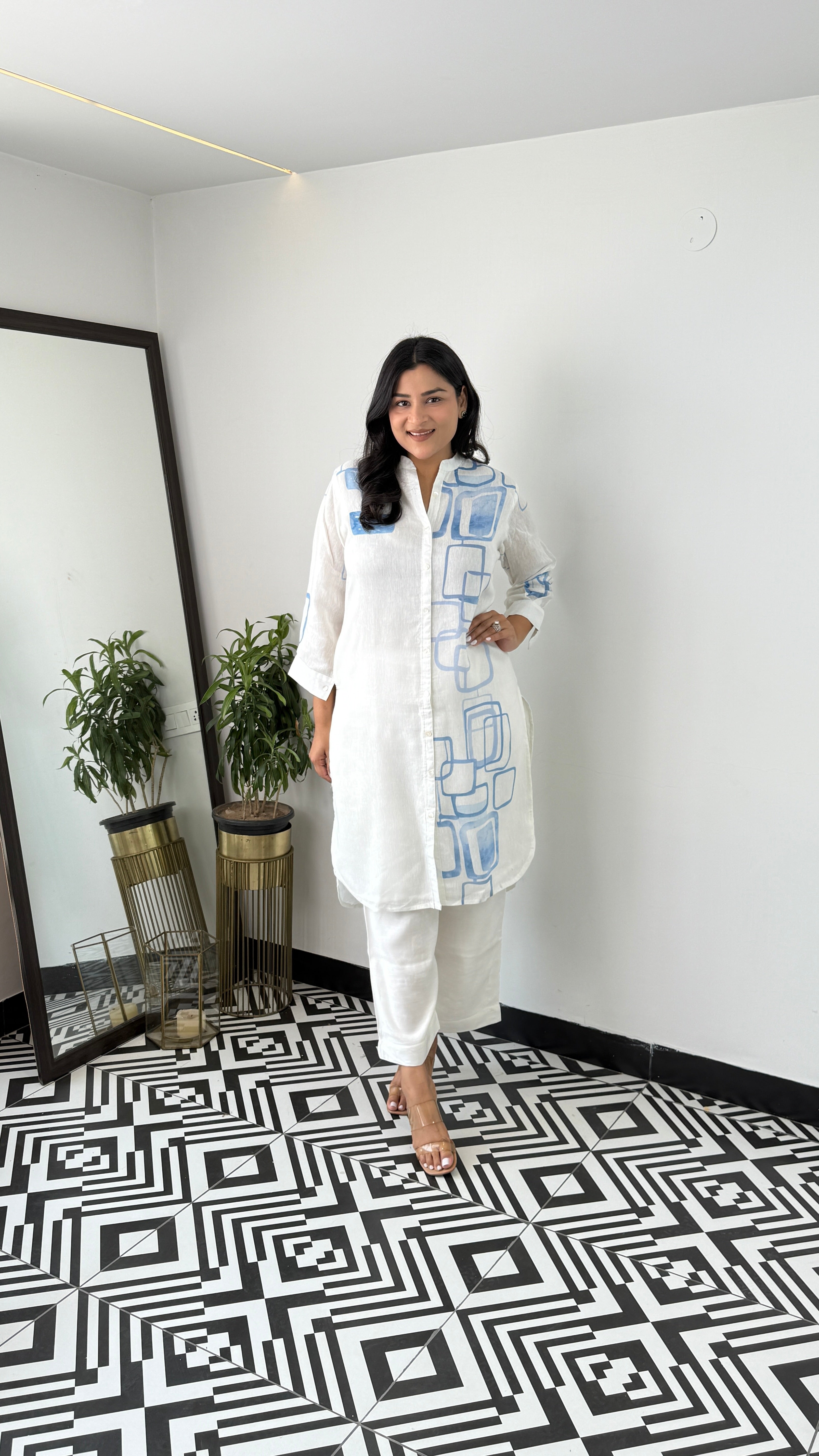 Ivory and Blue Linen Kurta Pants