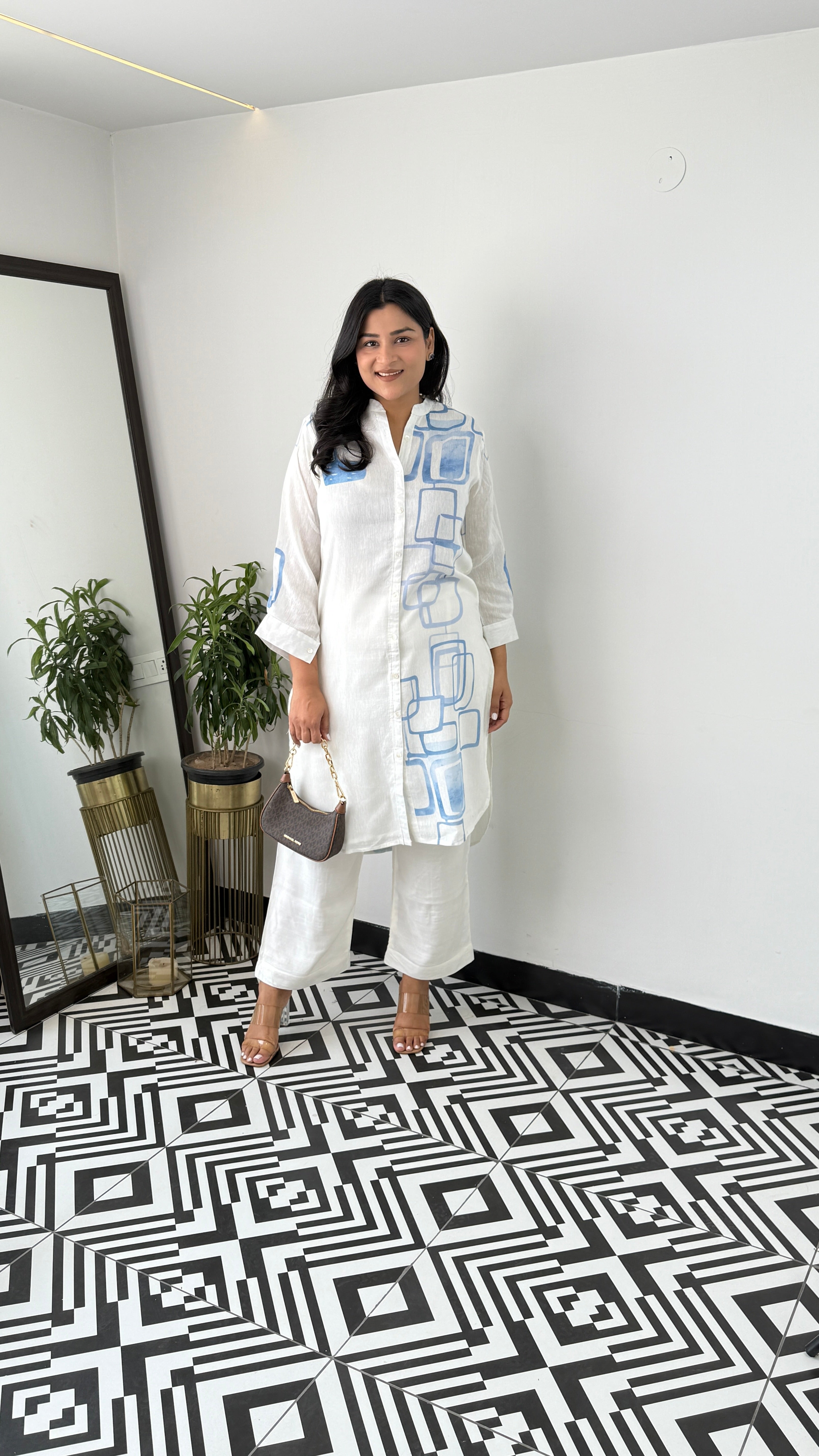 Ivory and Blue Linen Kurta Pants