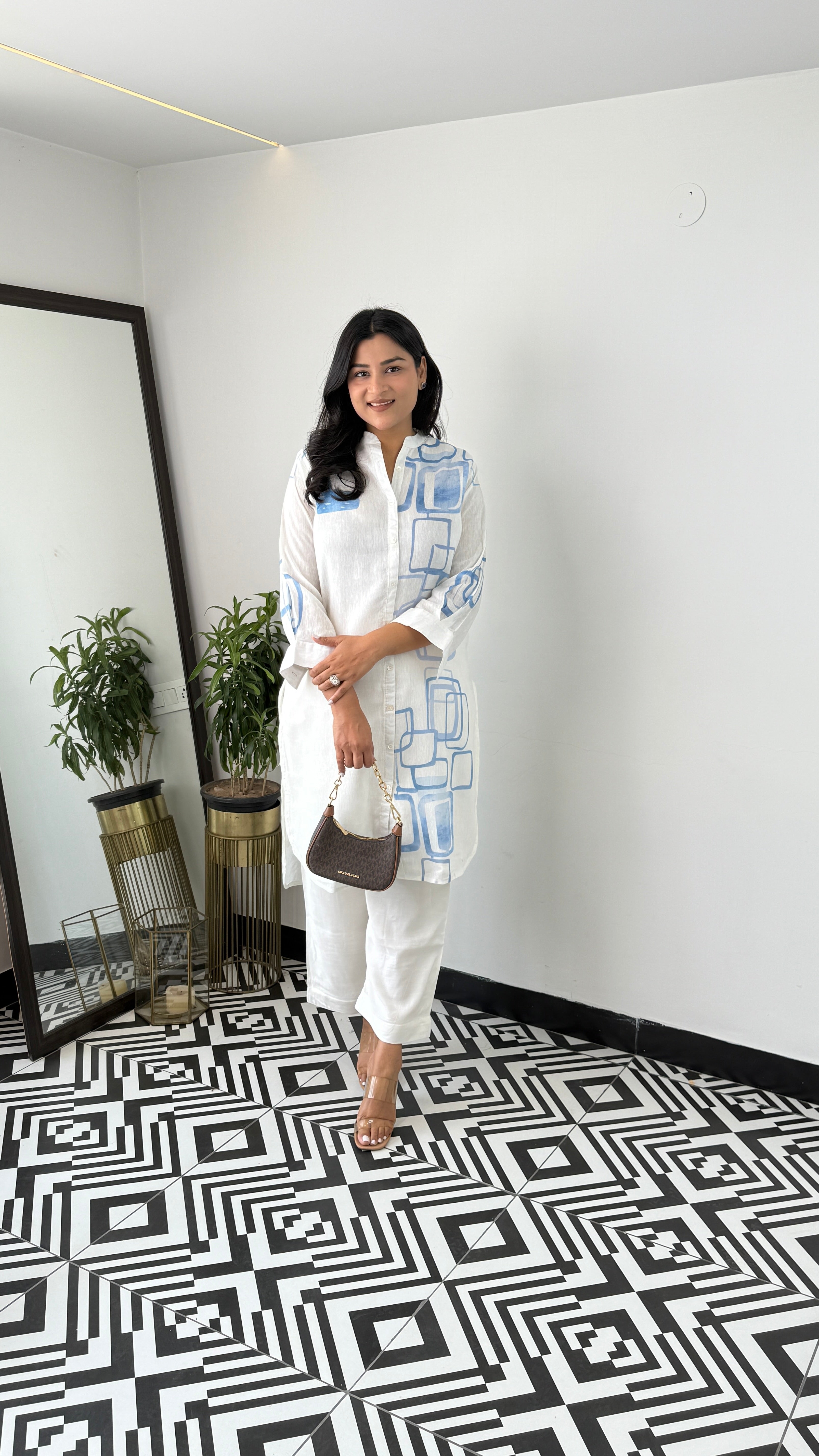 Ivory and Blue Linen Kurta Pants