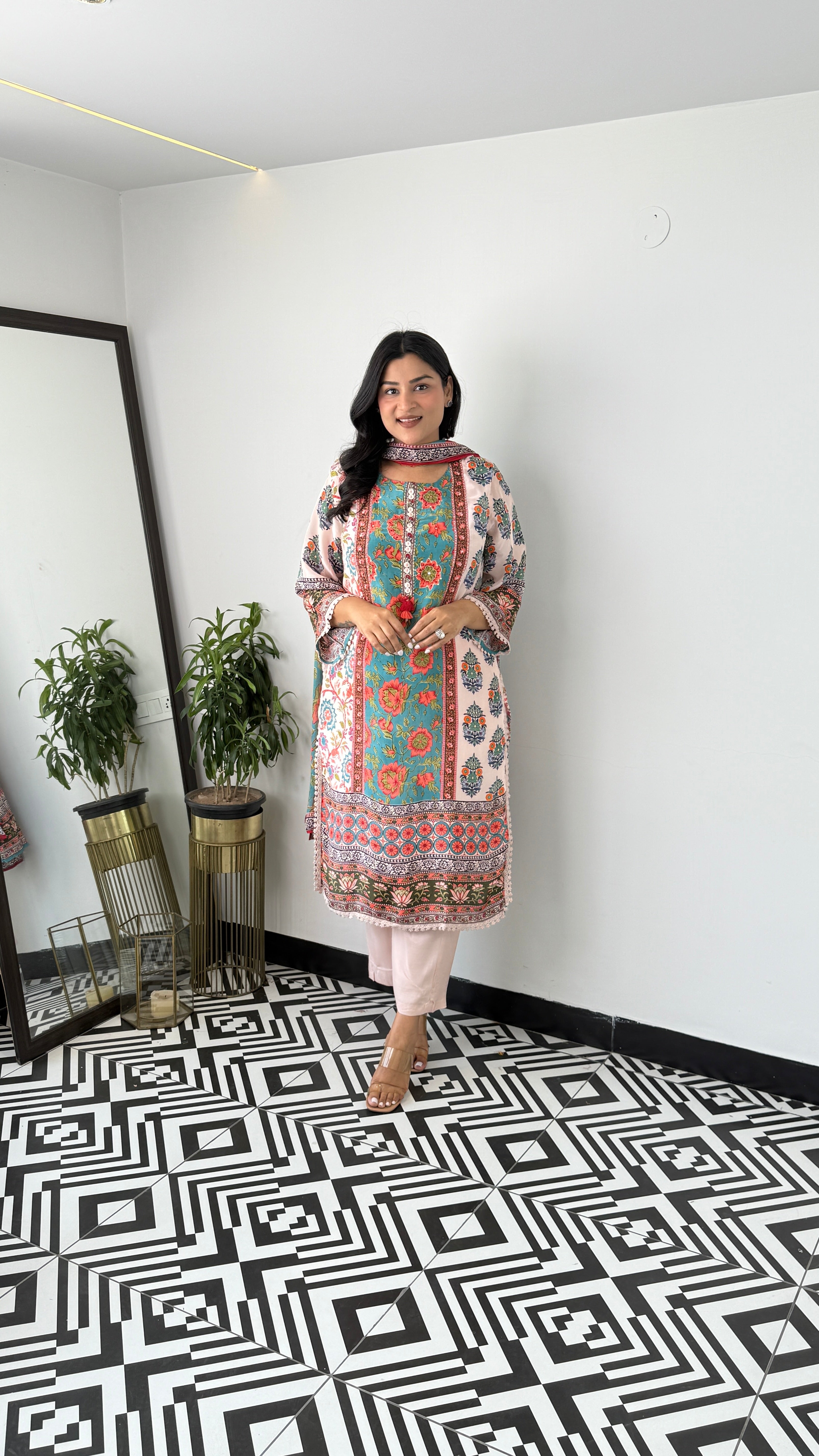 Orange & Firozi Crepe Suit Set