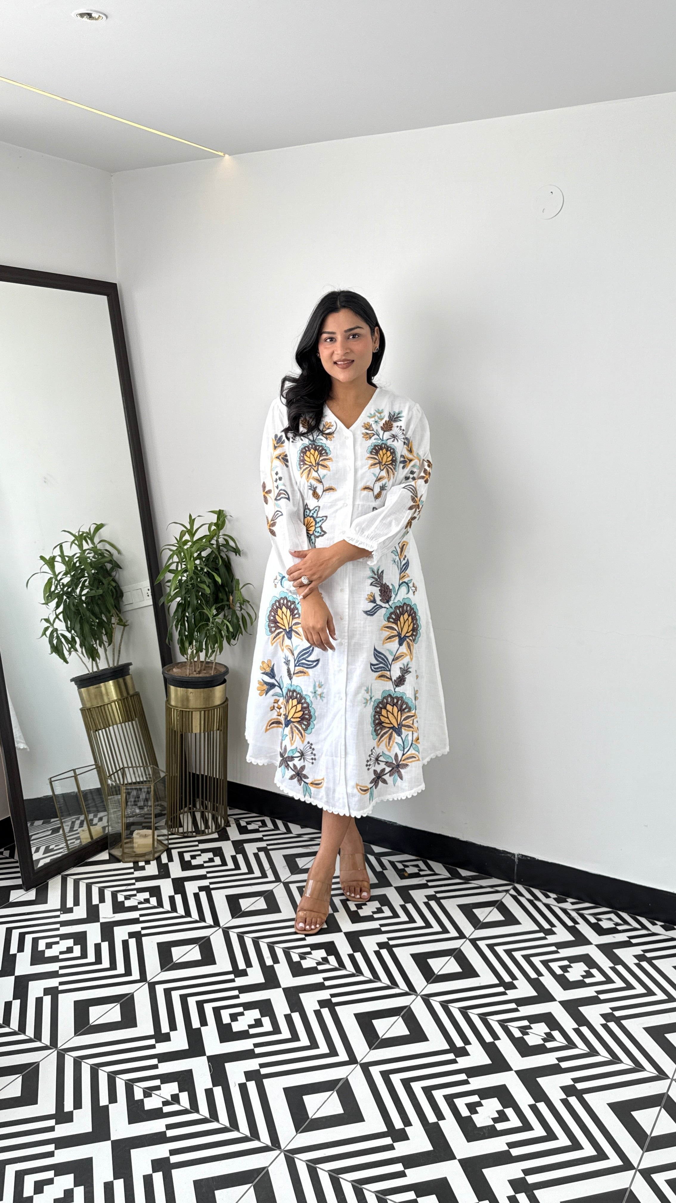 Linen Blend White Floral Dress