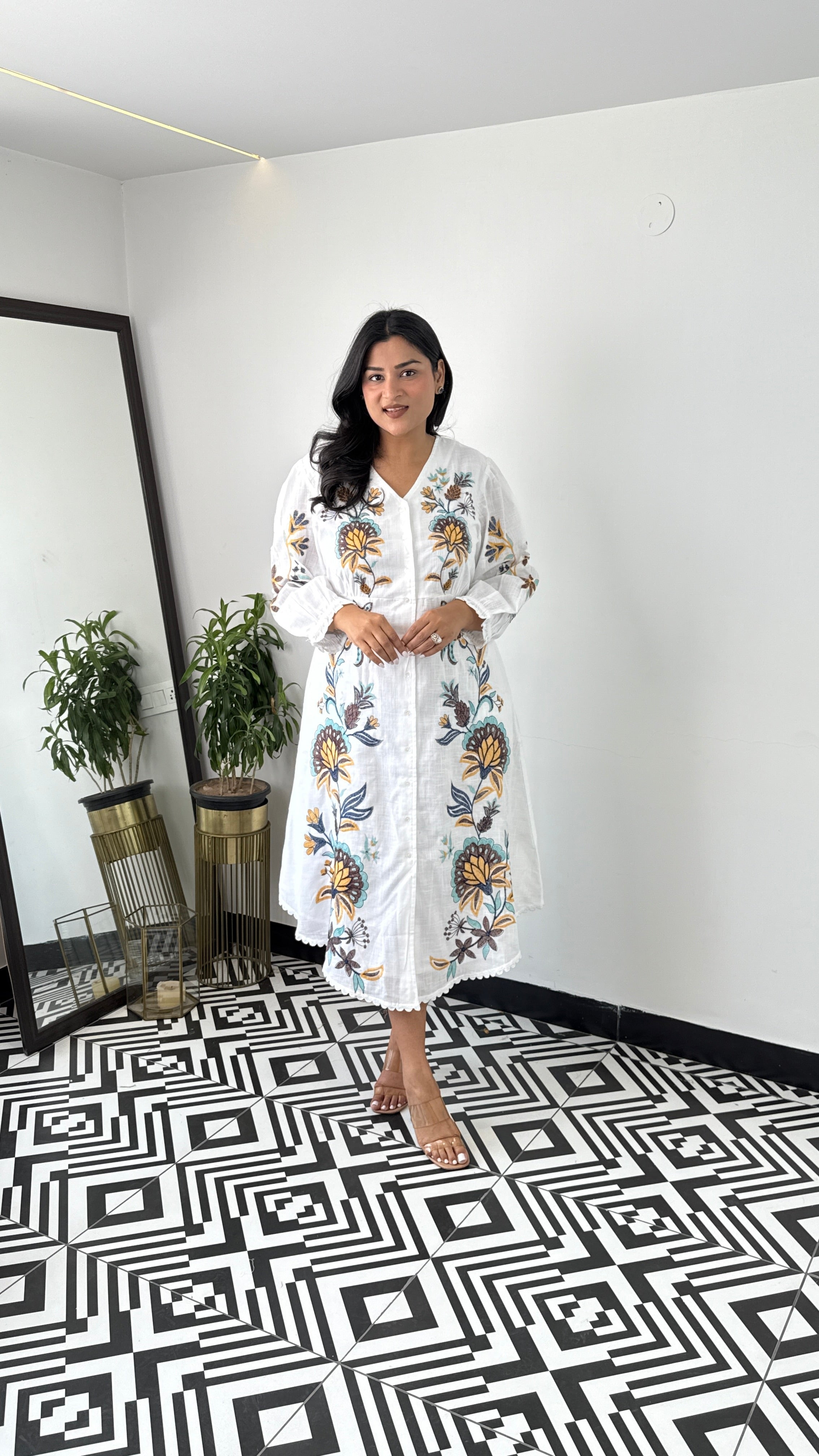 Linen Blend White Floral Dress