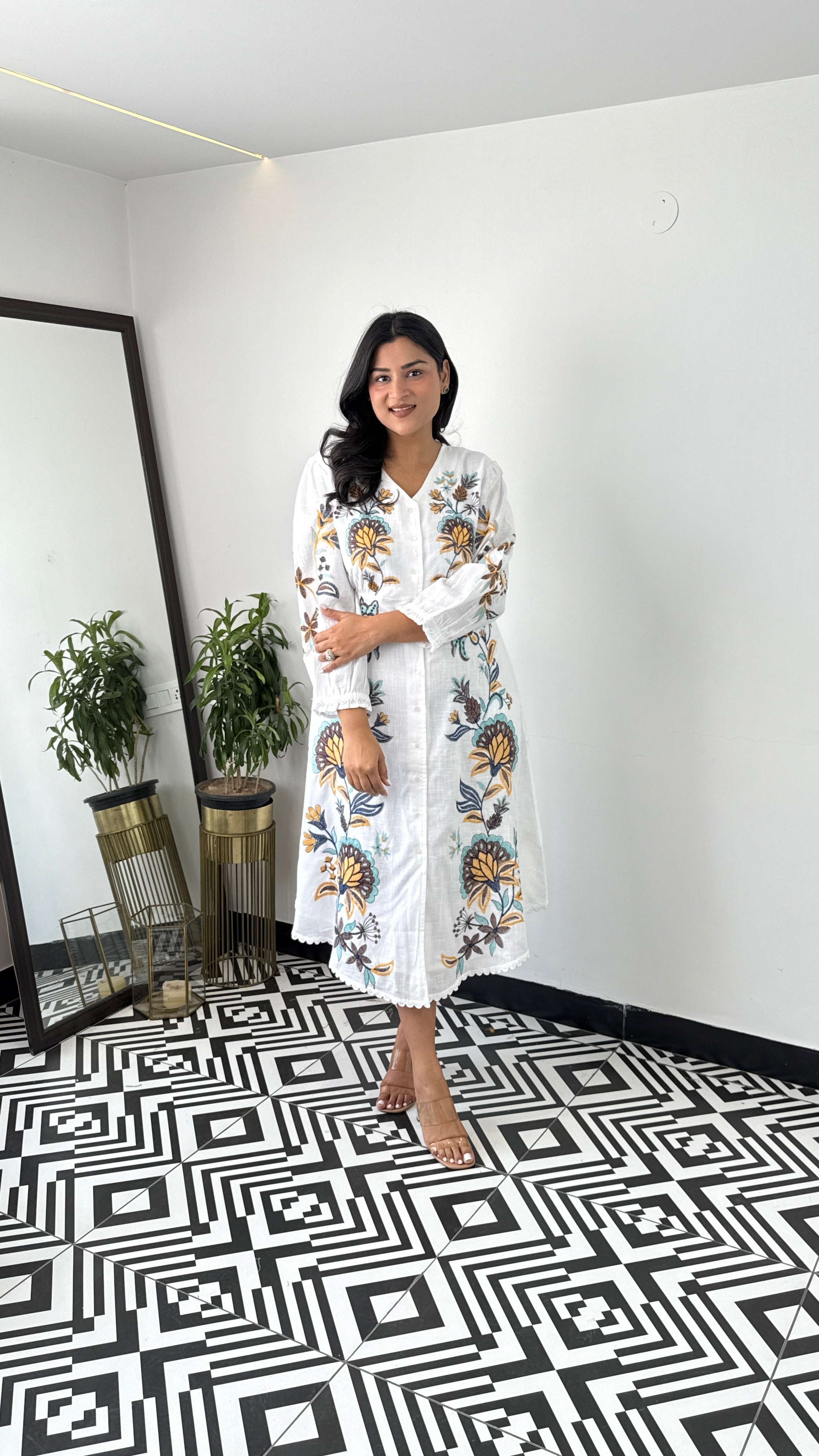 Linen Blend White Floral Dress