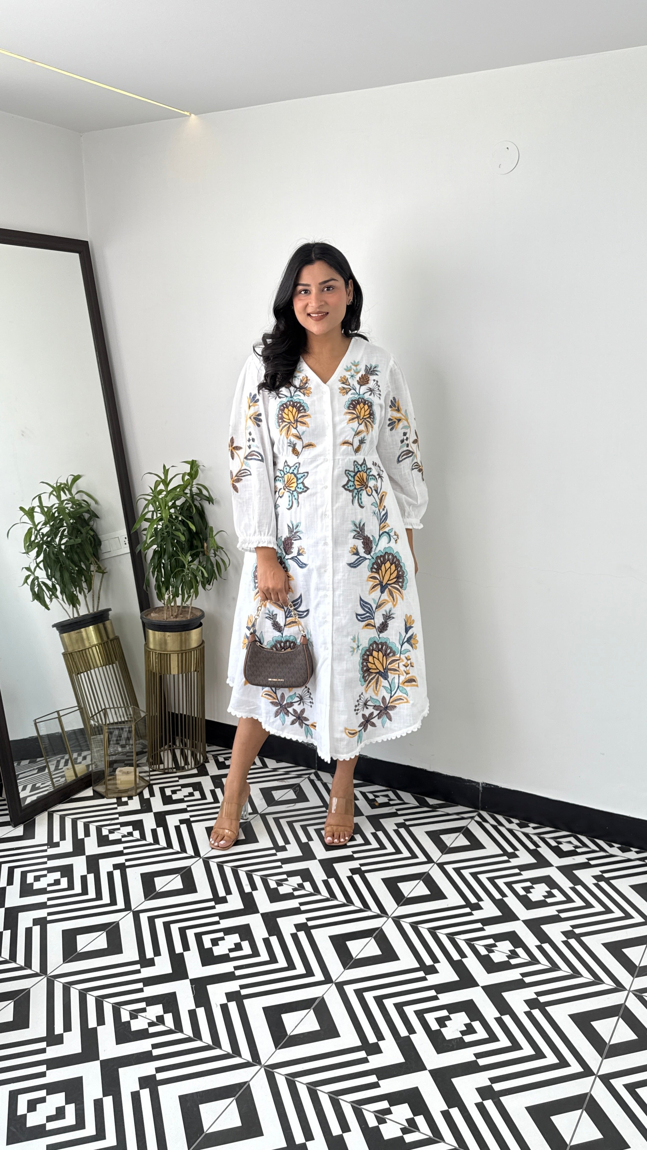 Linen Blend White Floral Dress