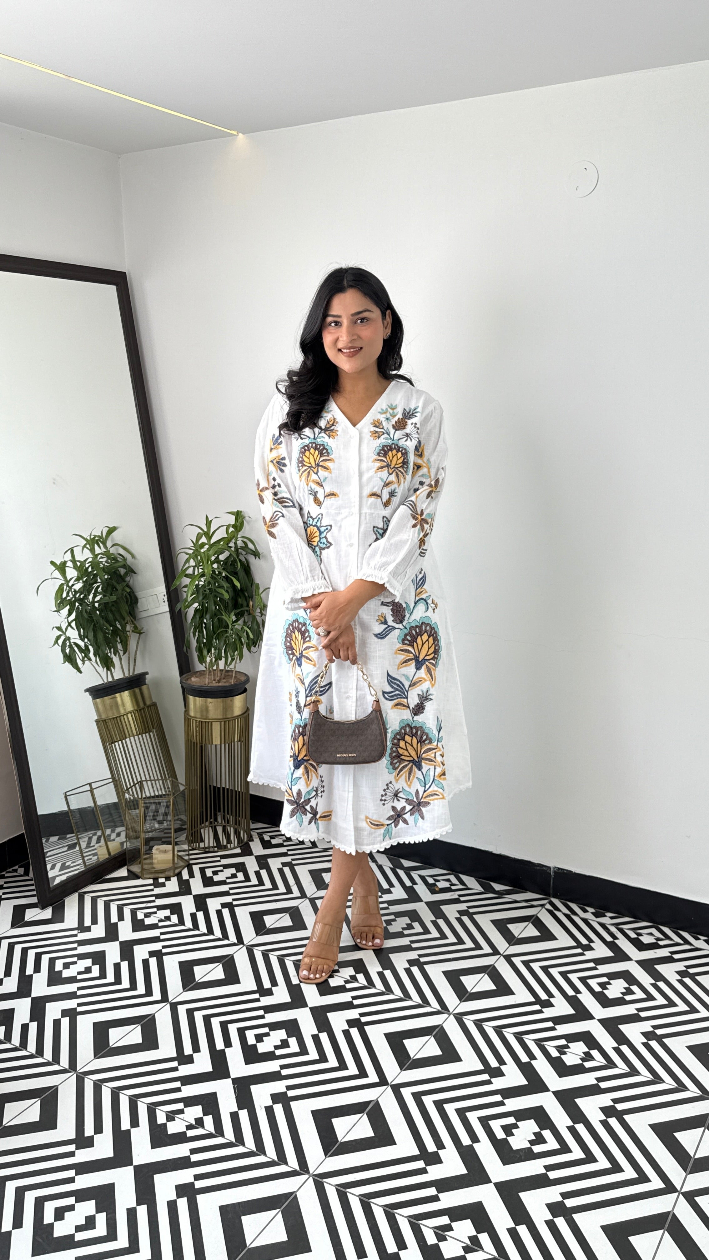 Linen Blend White Floral Dress