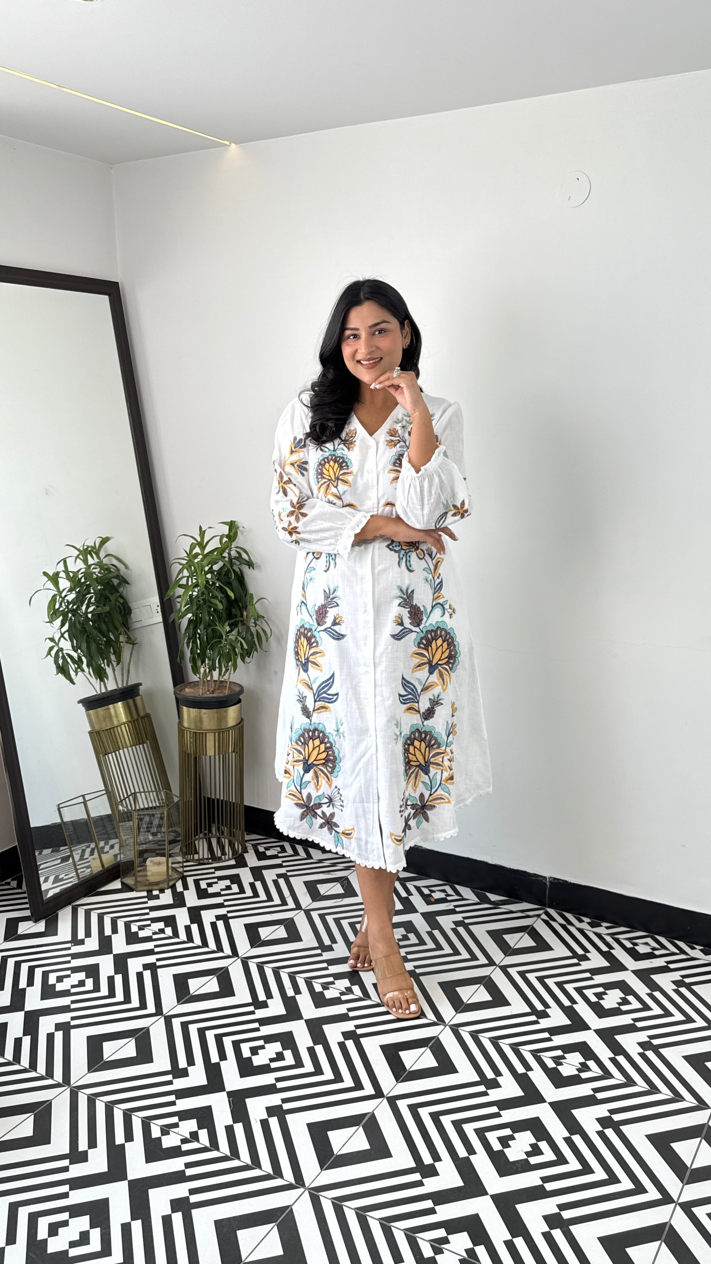 Linen Blend White Floral Dress