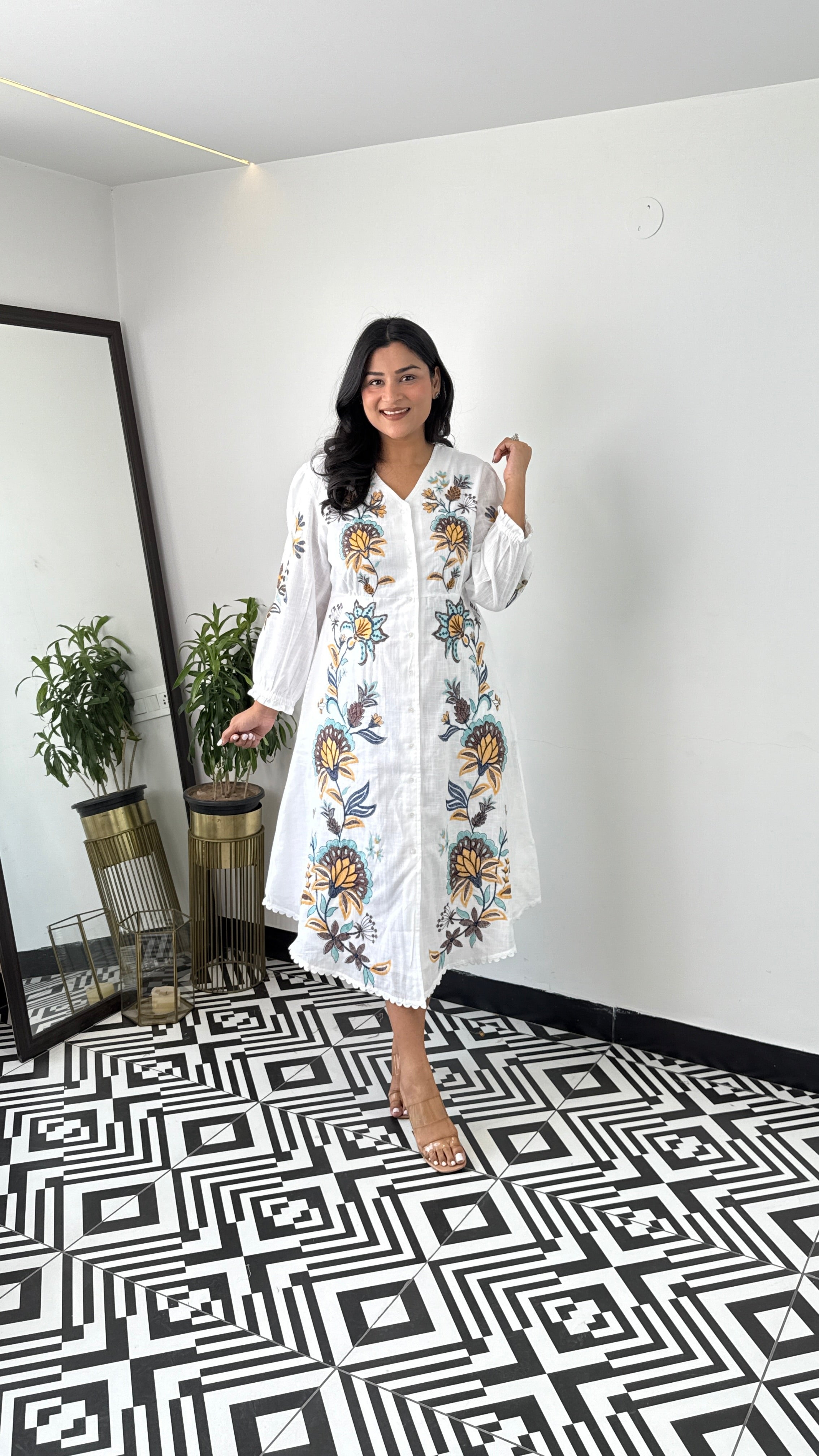 Linen Blend White Floral Dress