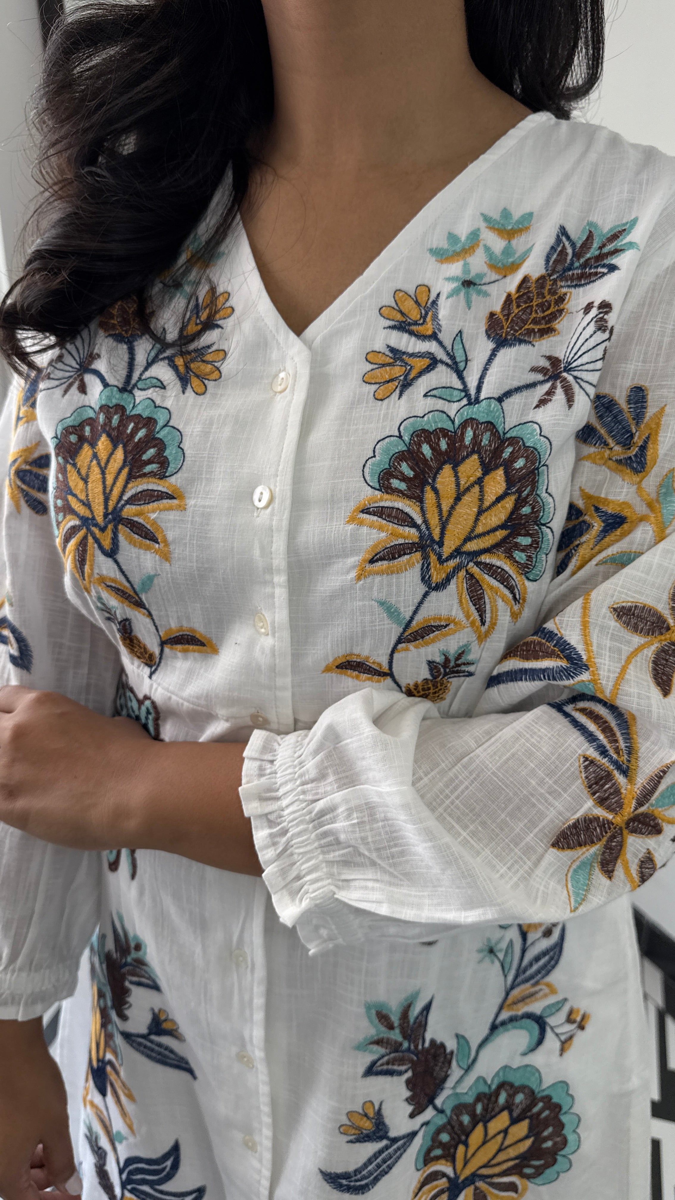 Linen Blend White Floral Dress