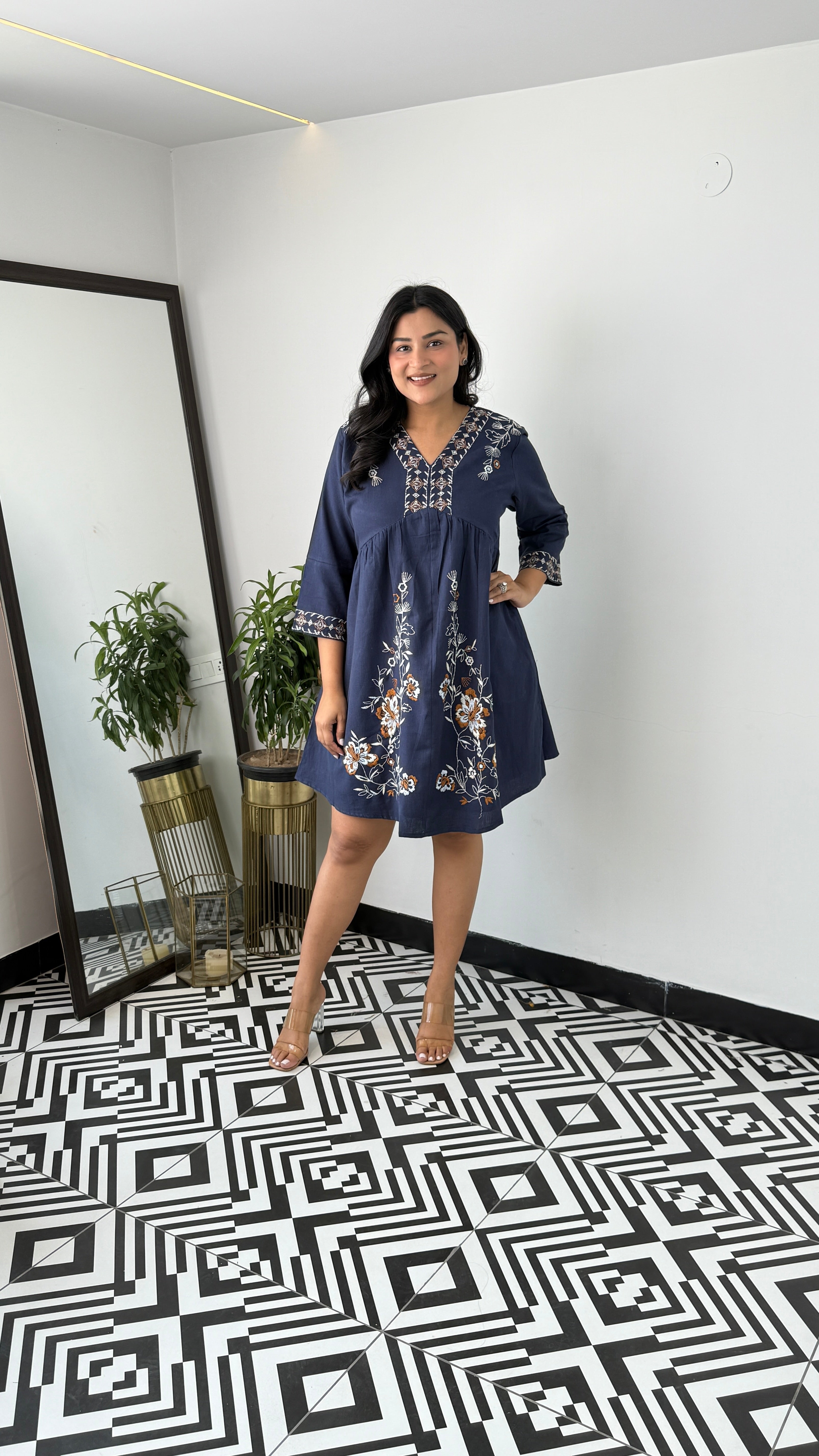 Linen Blend Navy Blue Dress