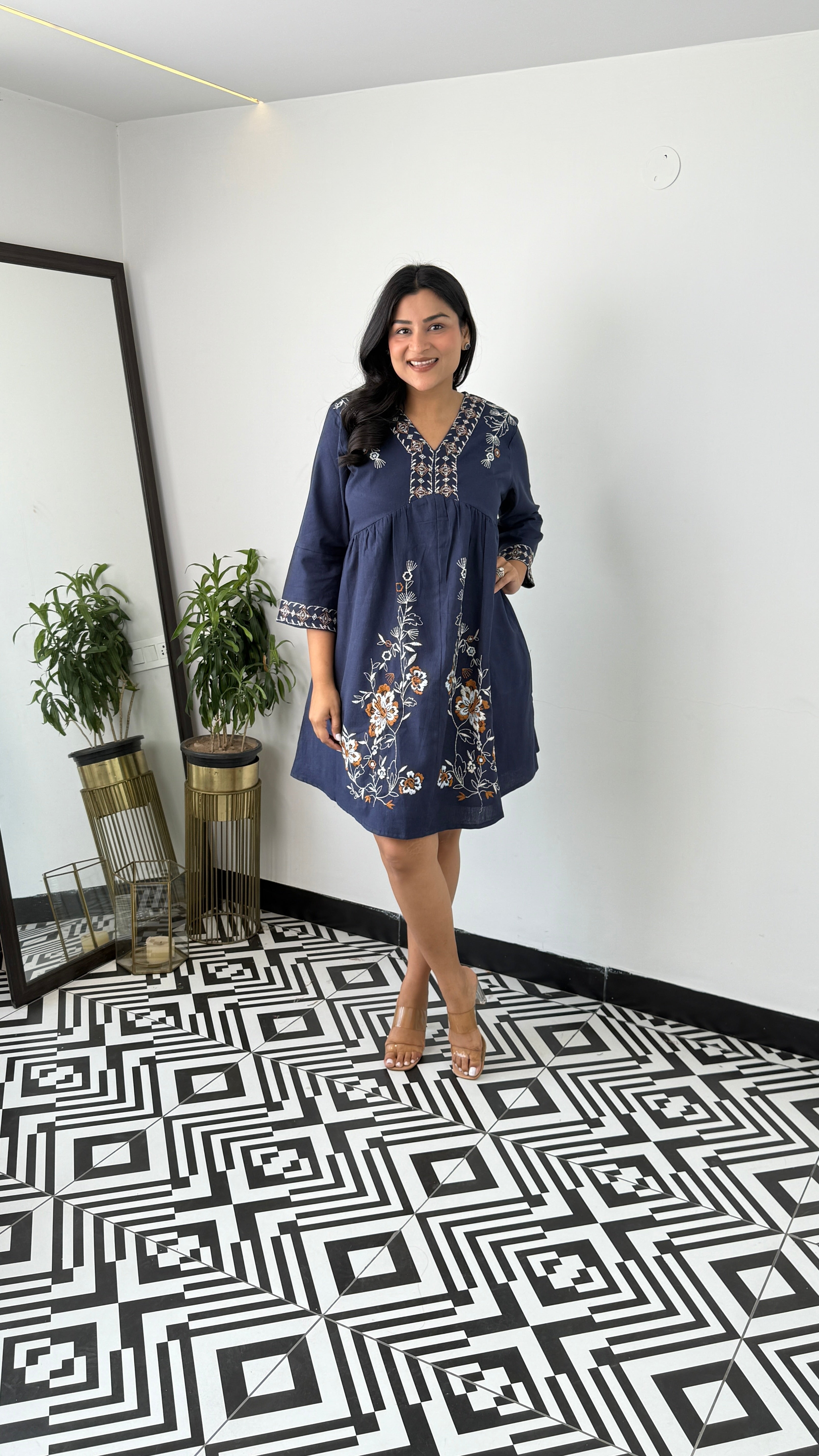 Linen Blend Navy Blue Dress