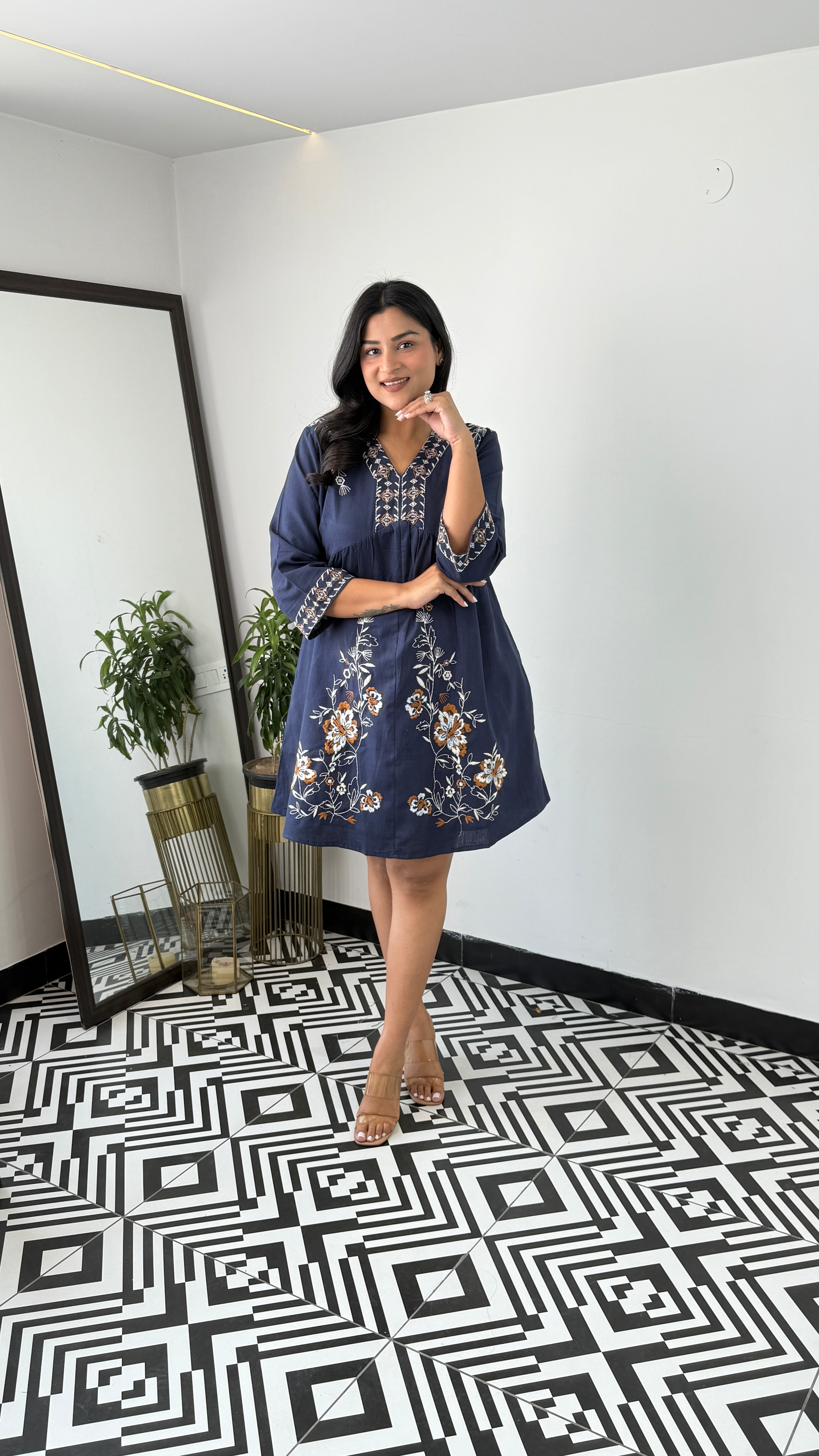 Linen Blend Navy Blue Dress