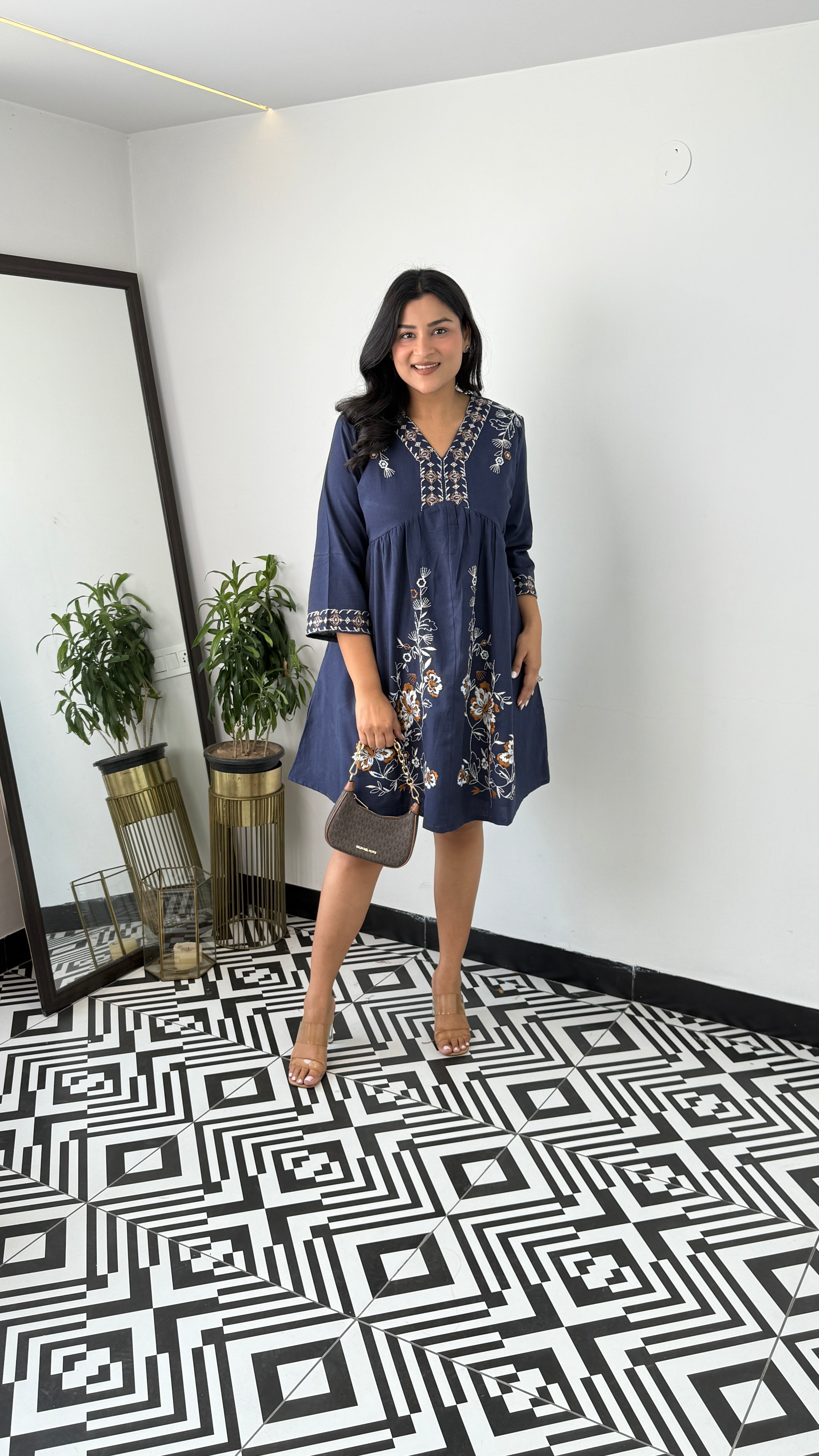 Linen Blend Navy Blue Dress