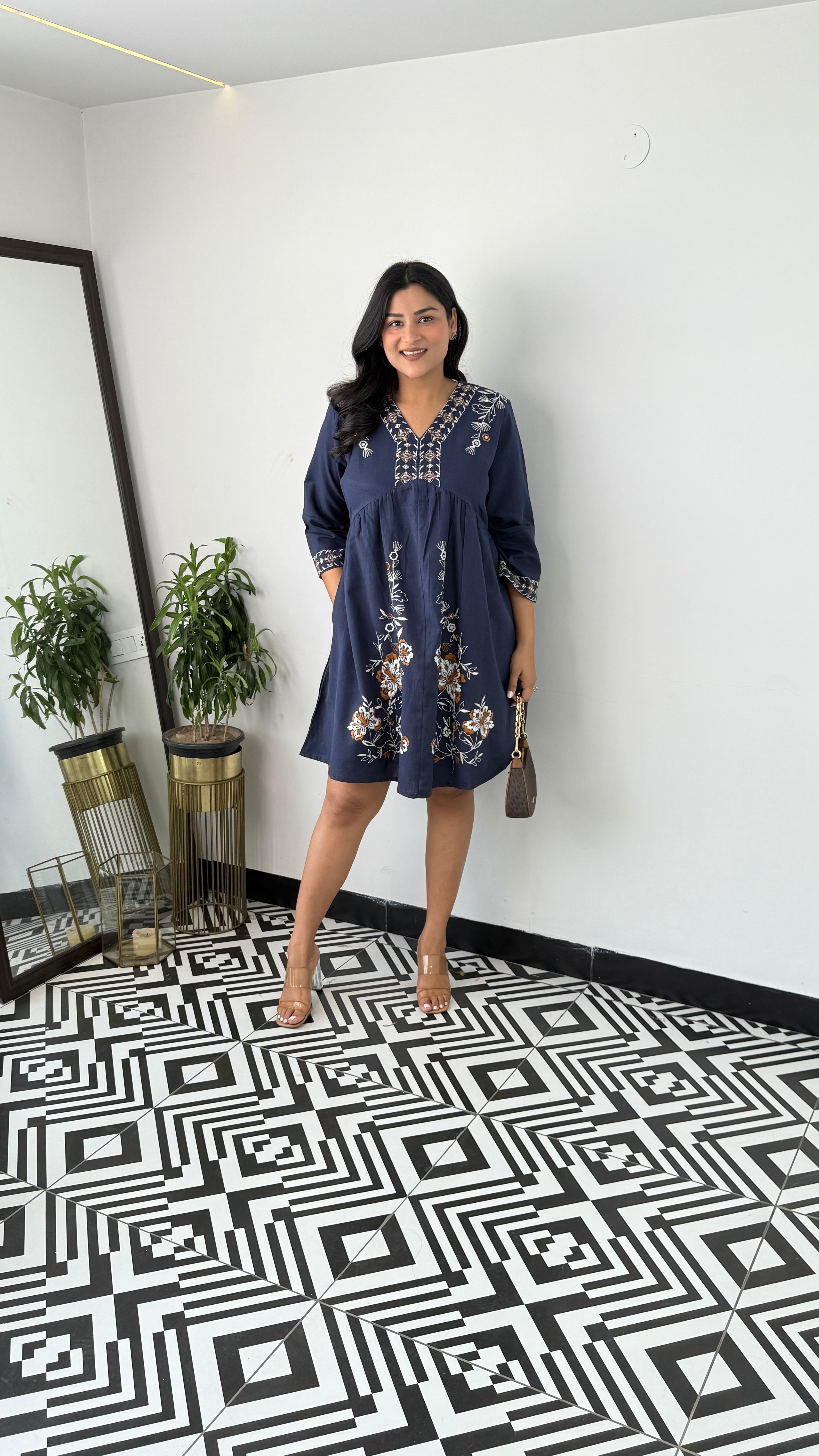 Linen Blend Navy Blue Dress