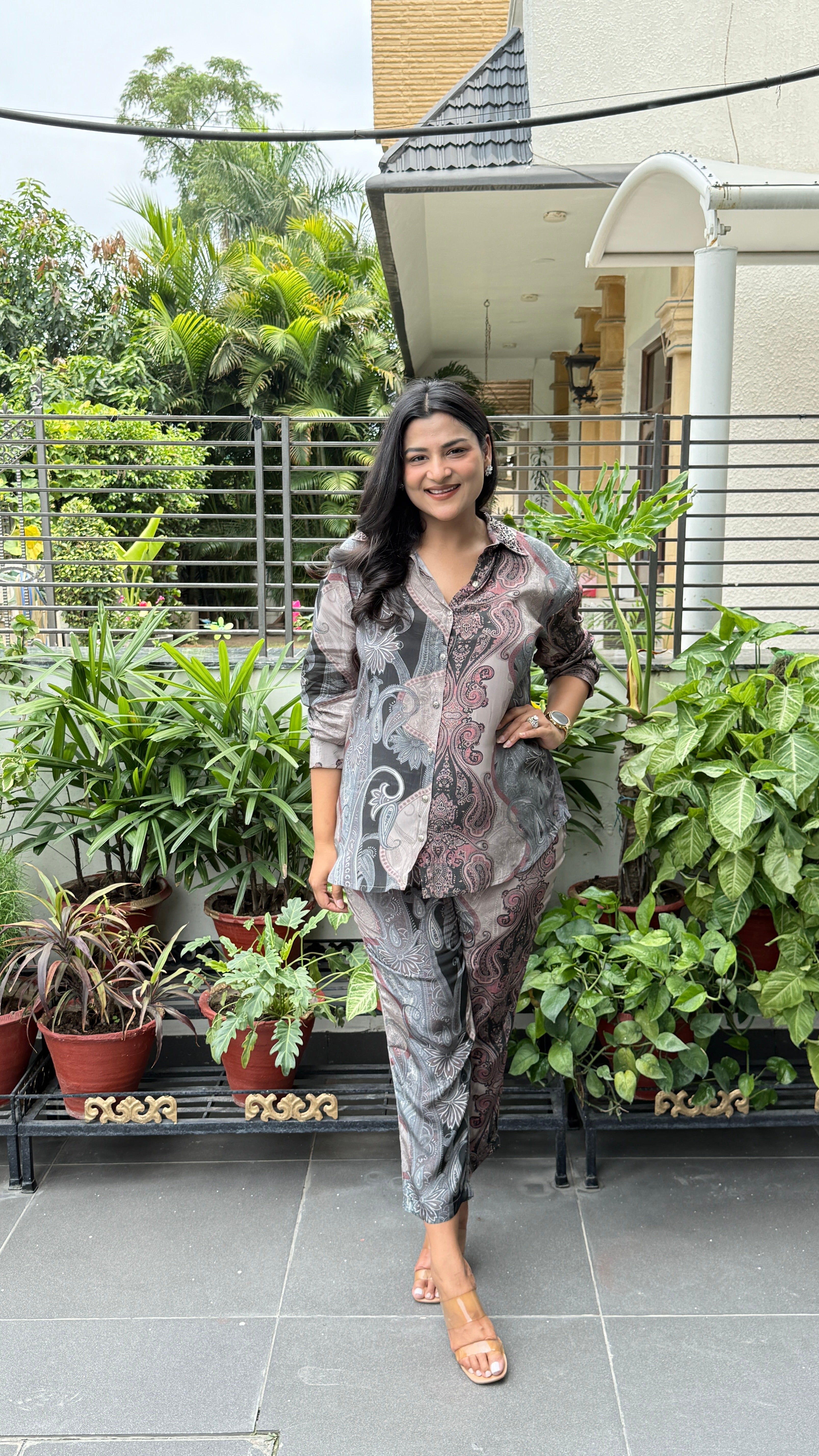 Grey Multi Print Crepe Cord Set