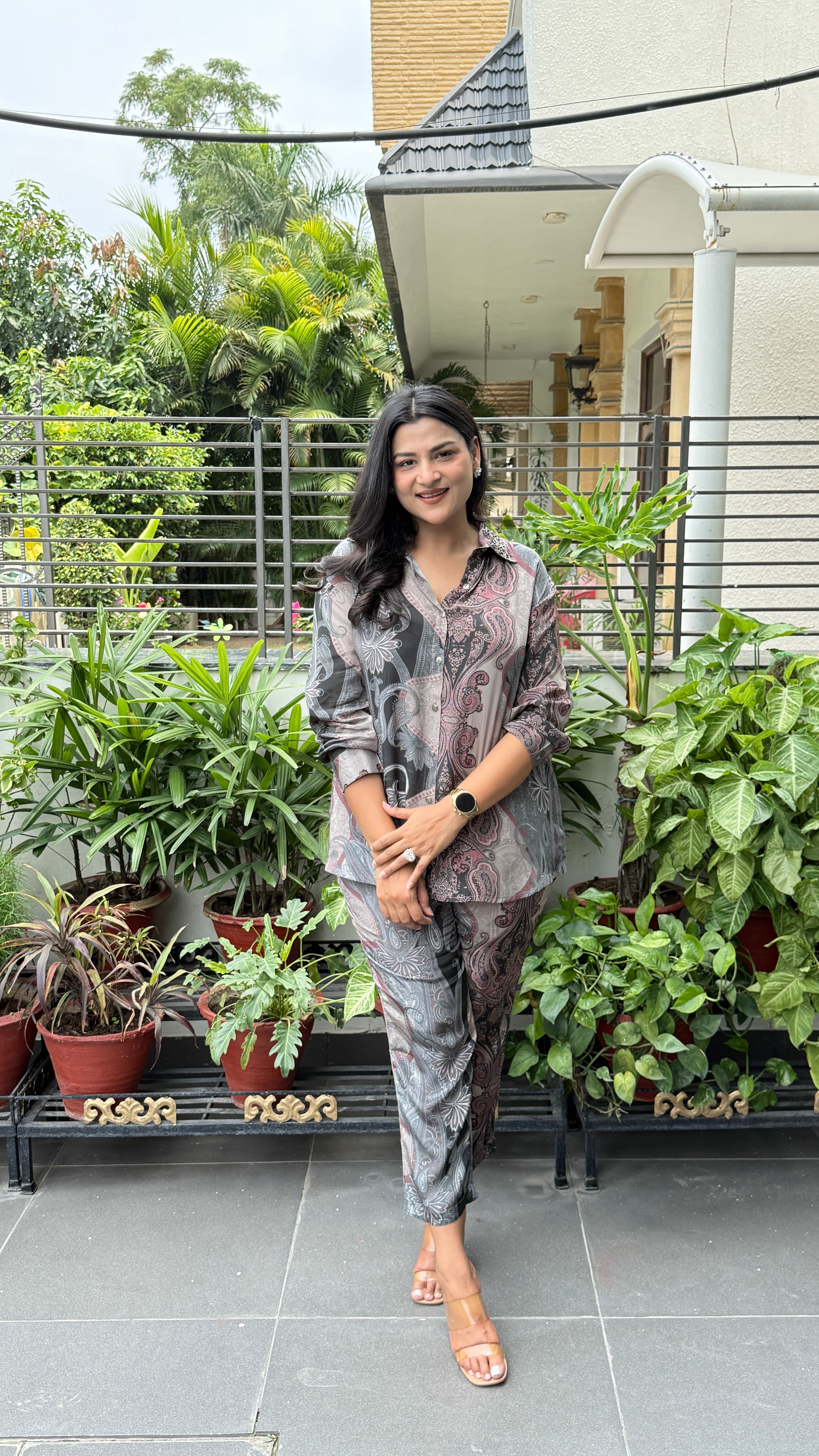 Grey Multi Print Crepe Cord Set