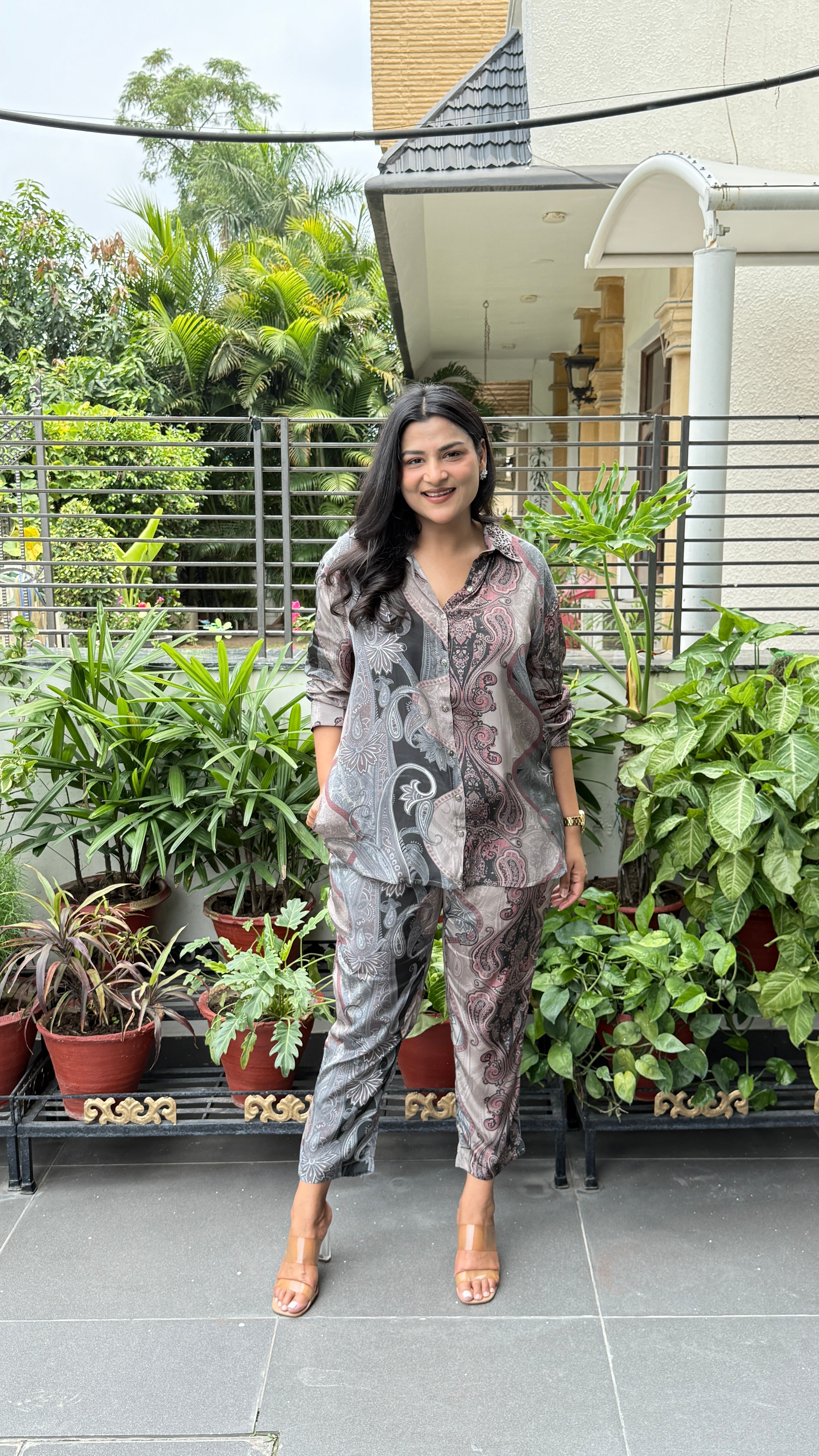 Grey Multi Print Crepe Cord Set