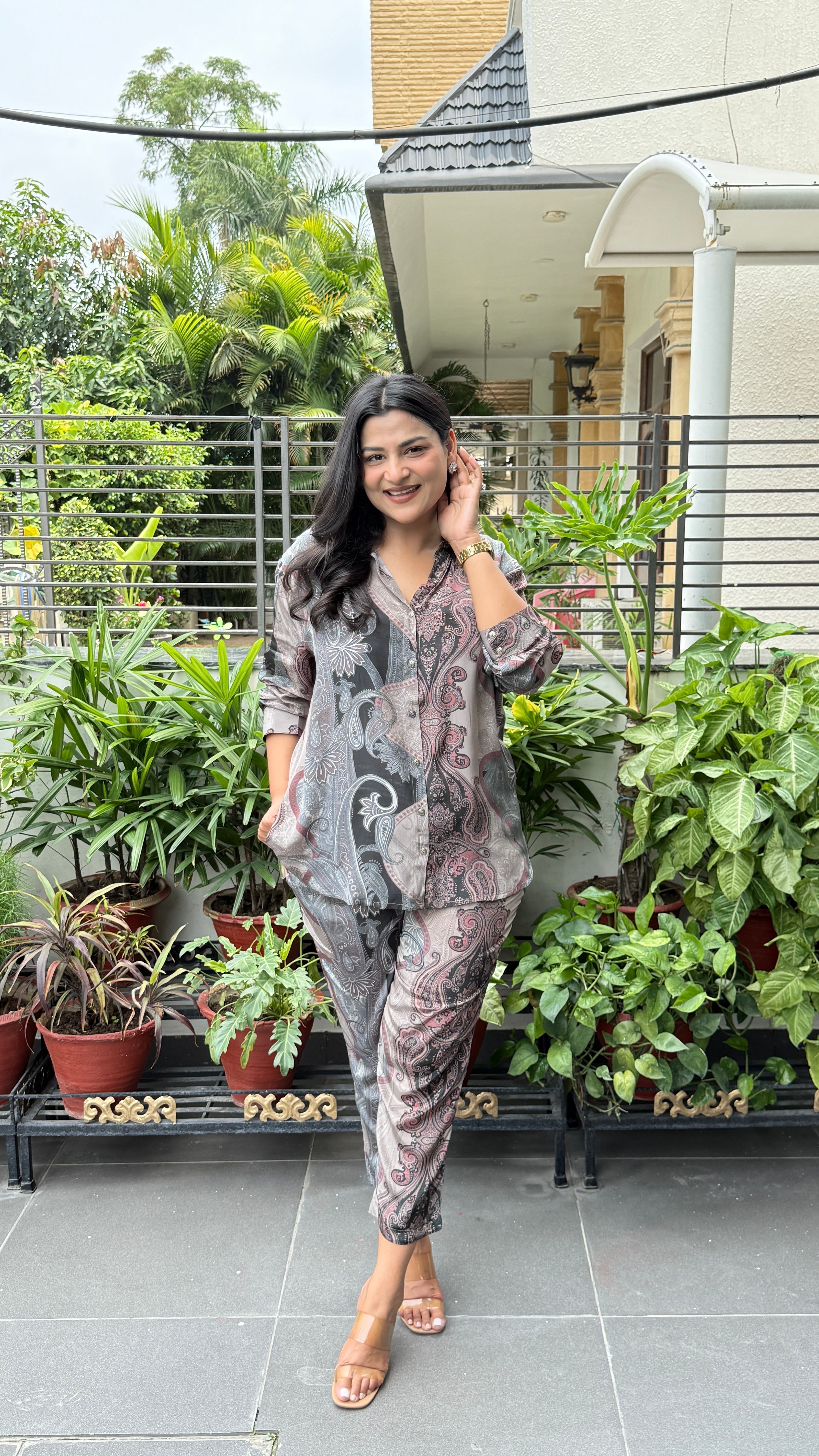 Grey Multi Print Crepe Cord Set