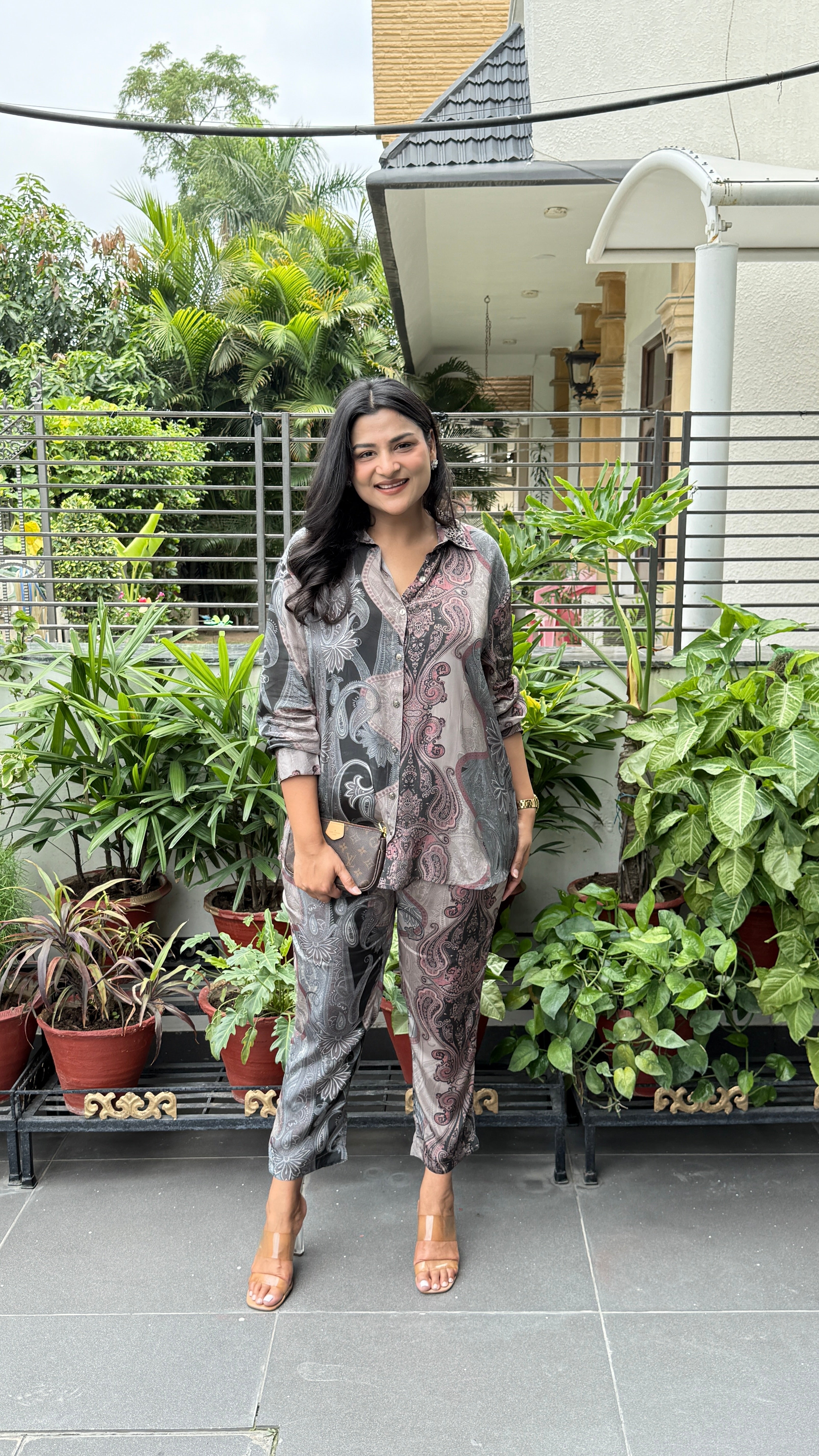 Grey Multi Print Crepe Cord Set