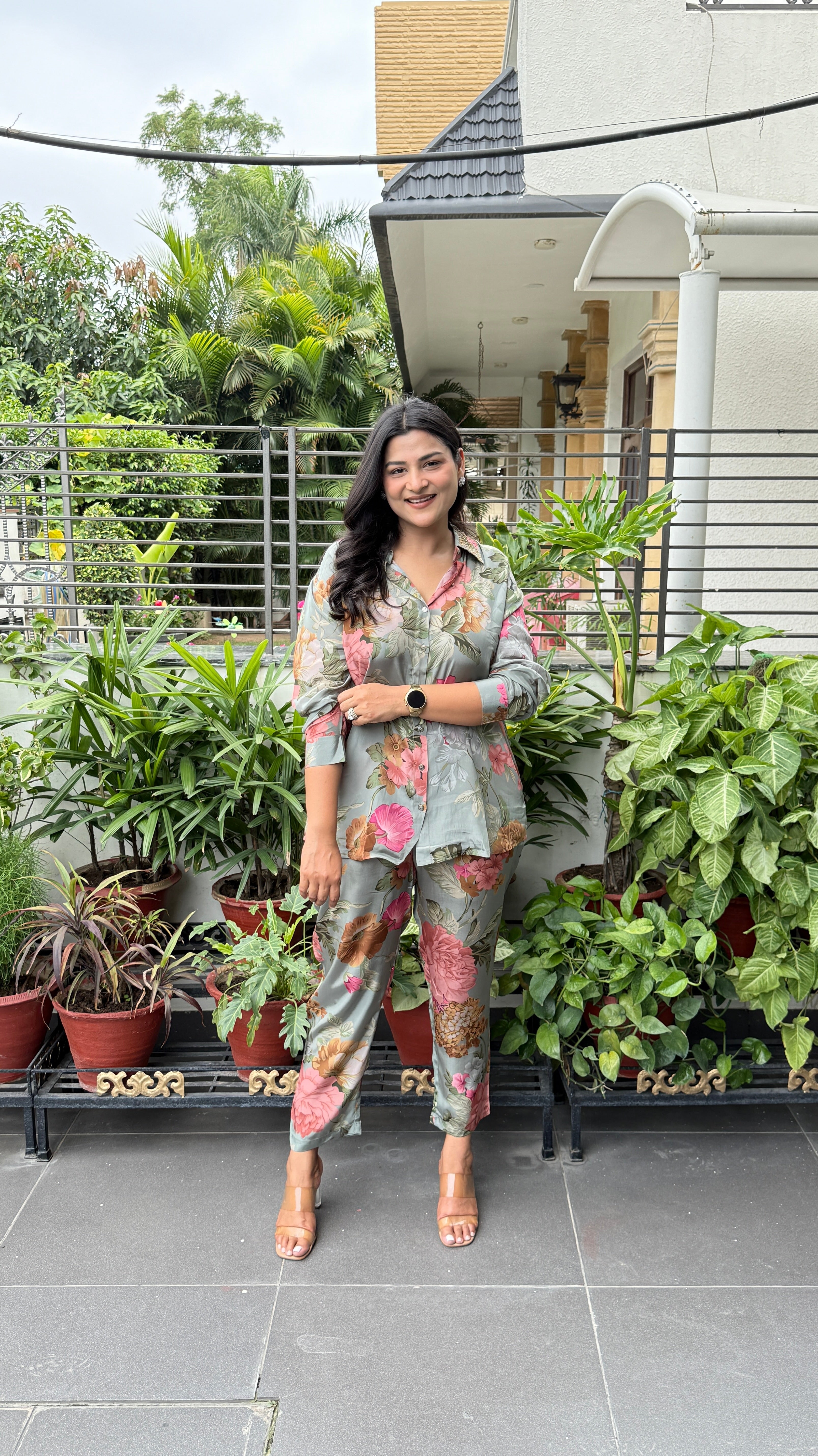 Green Floral Crepe Cord Set