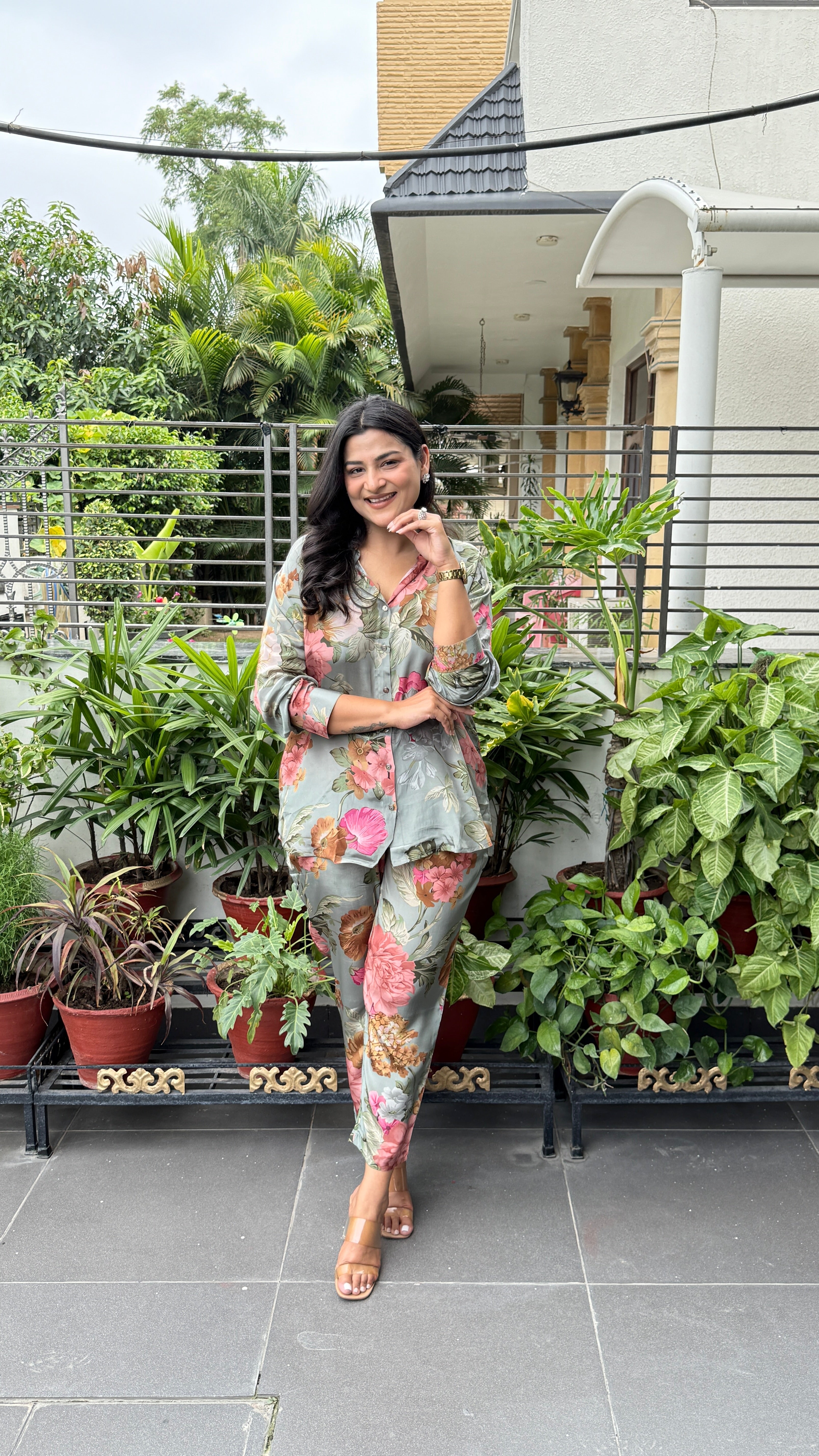 Green Floral Crepe Cord Set