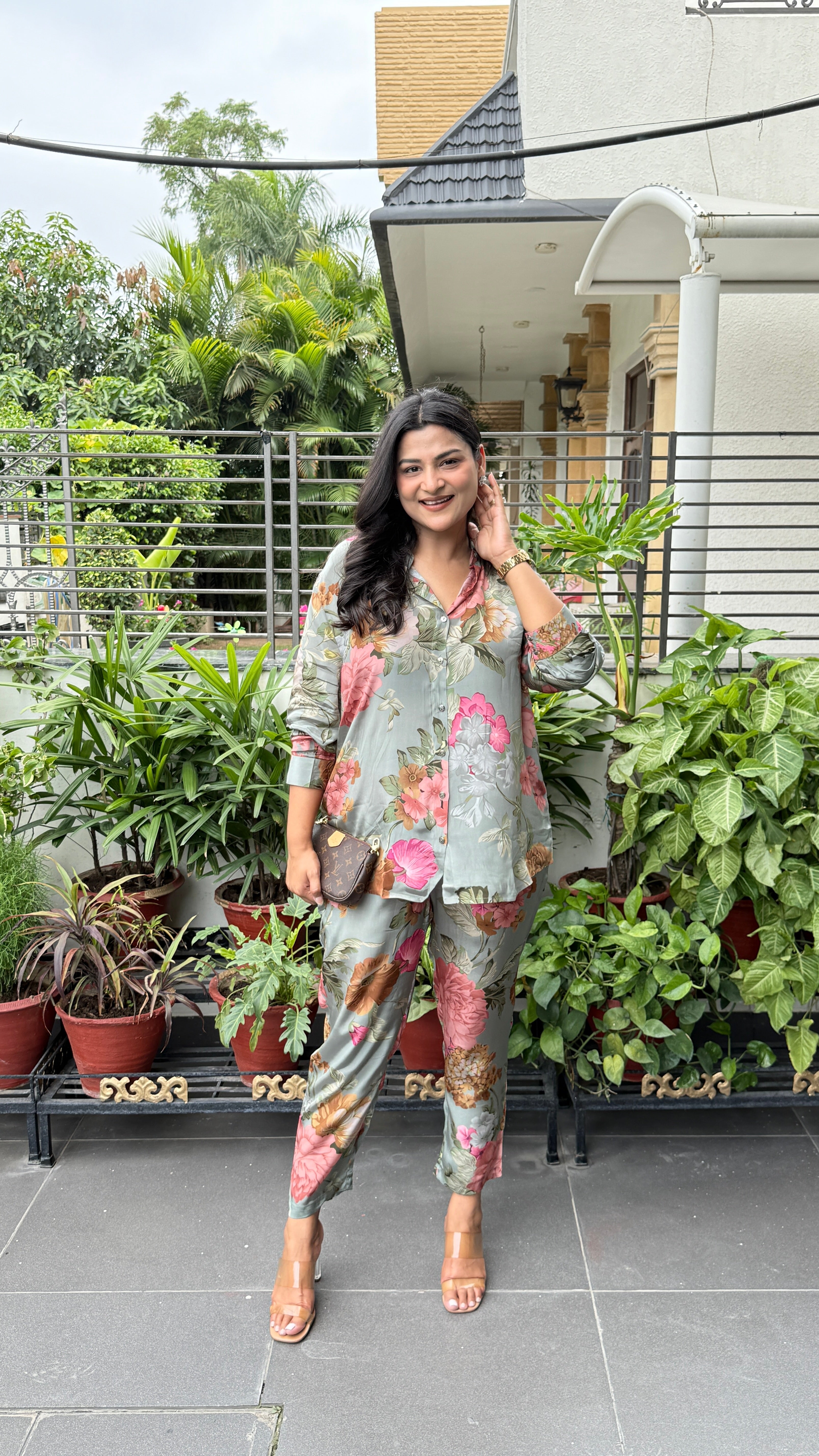 Green Floral Crepe Cord Set