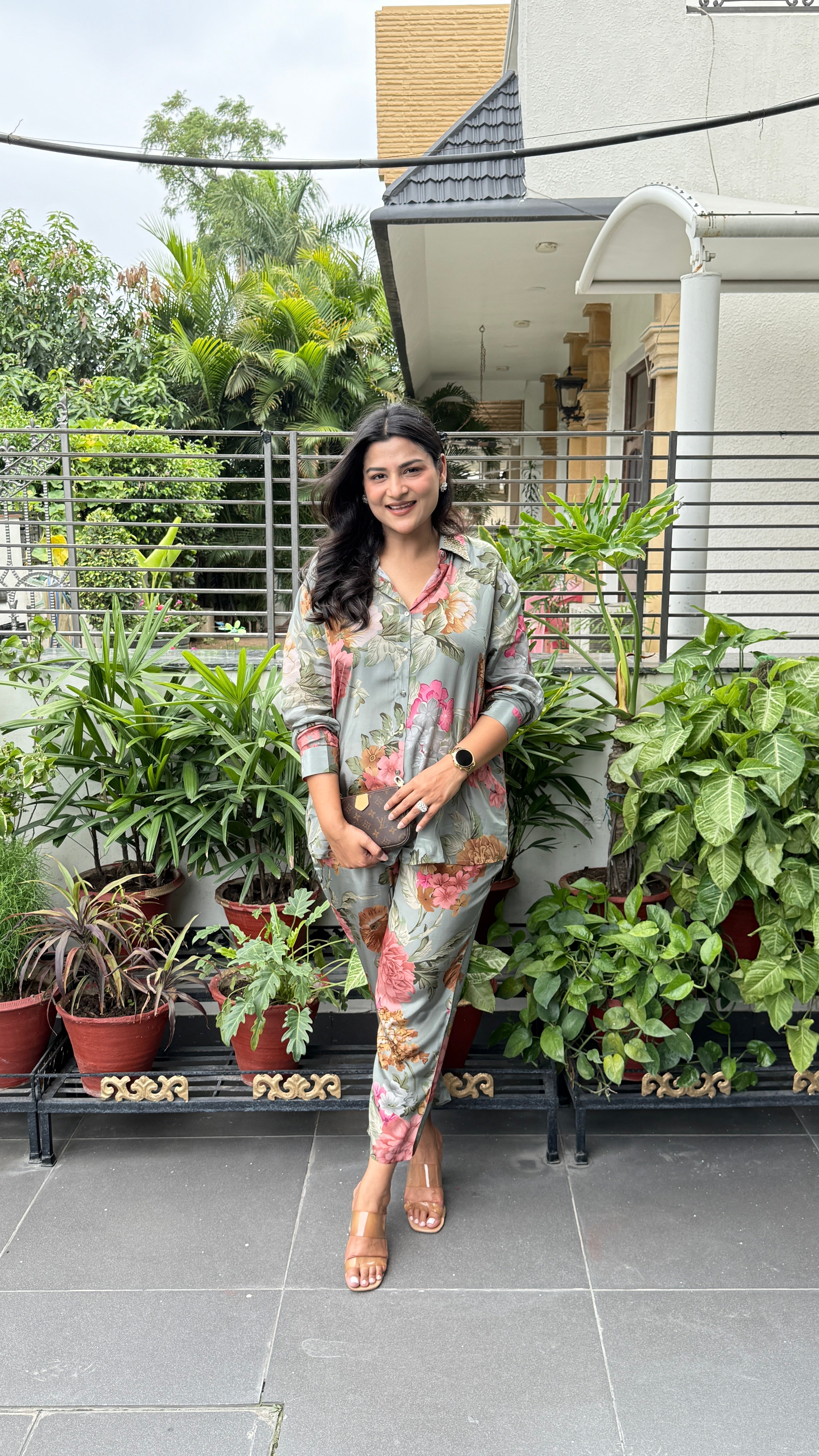 Green Floral Crepe Cord Set