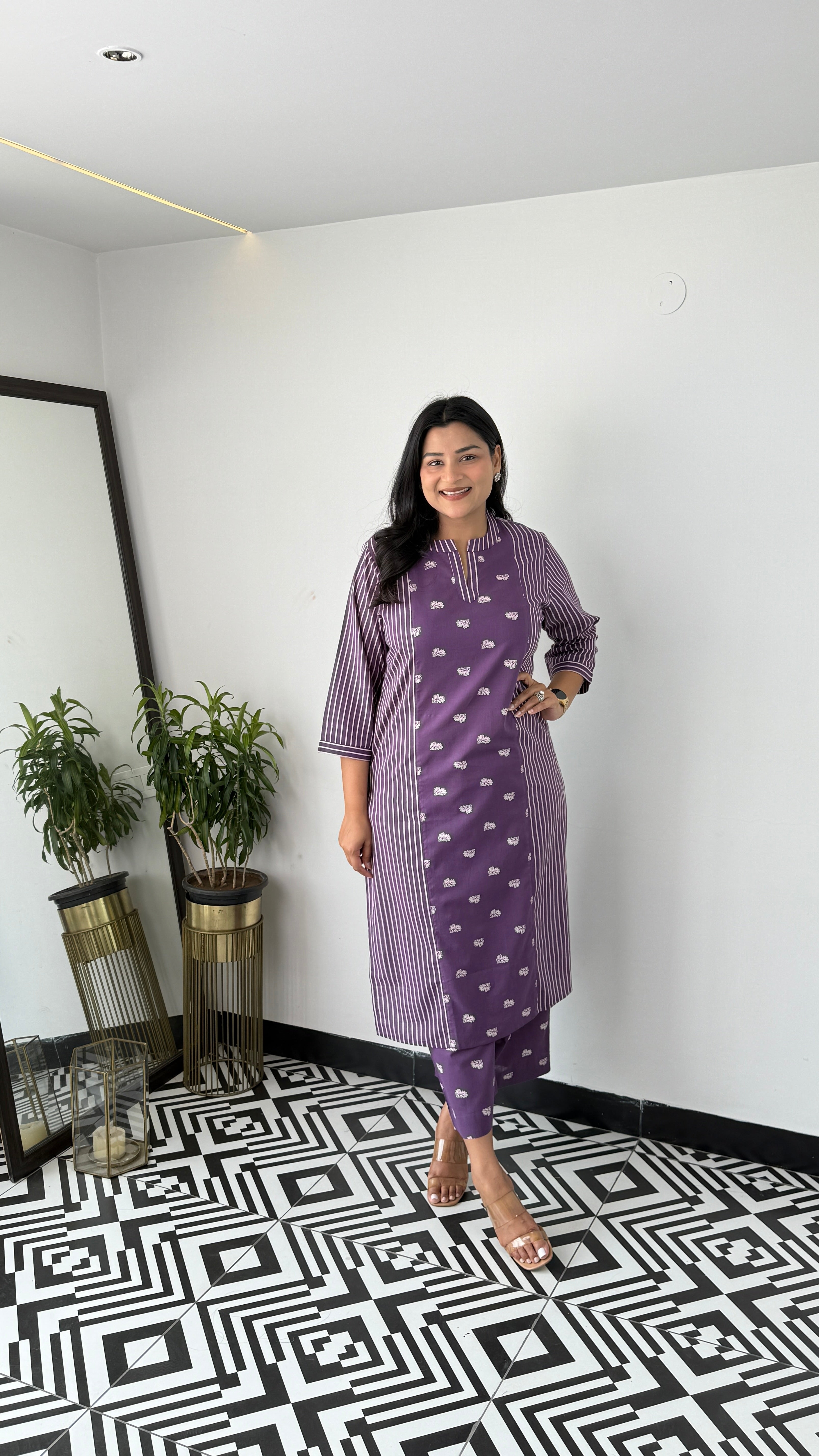 Stripe and Solid Purple Kurta Pants