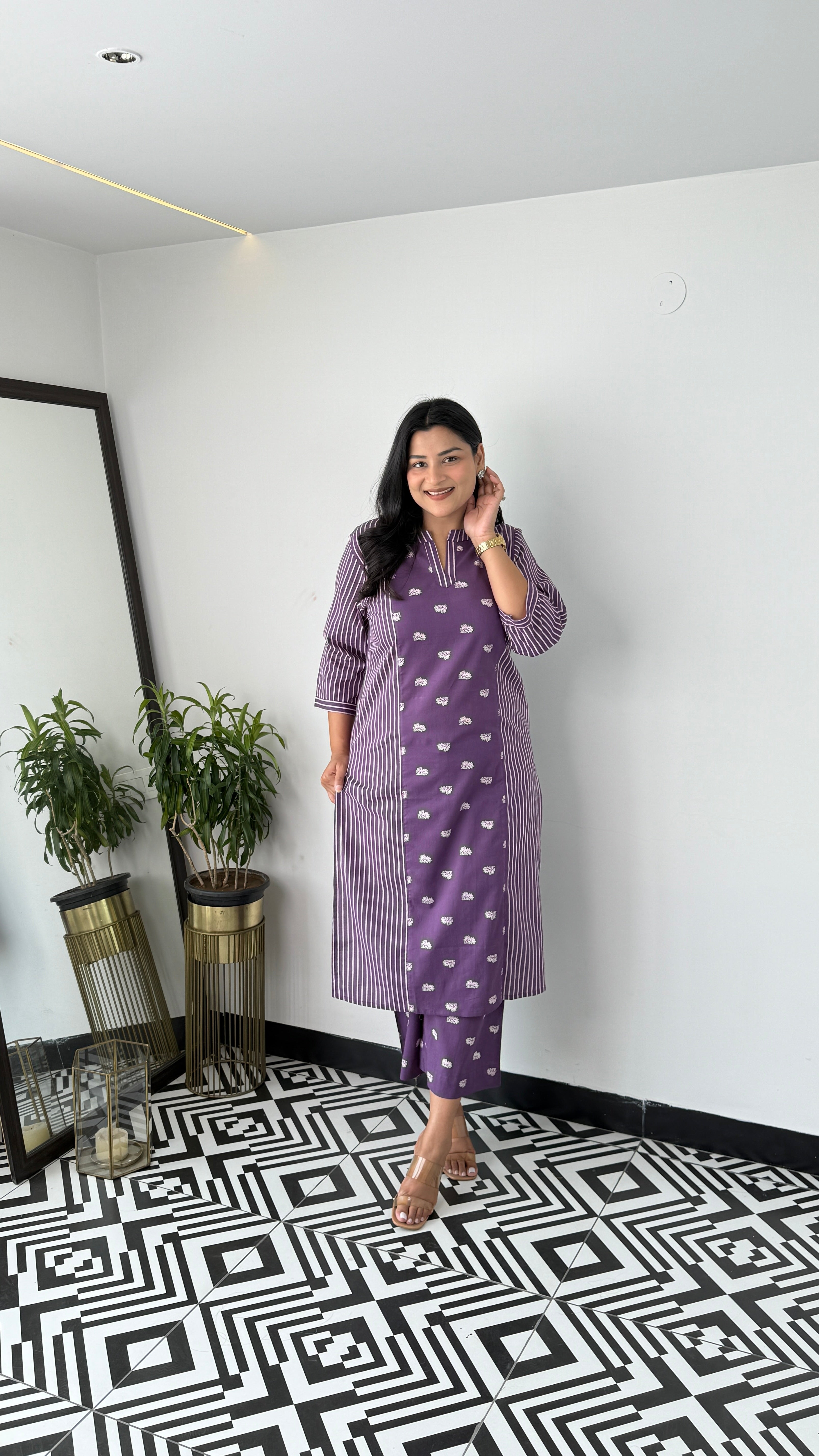 Stripe and Solid Purple Kurta Pants