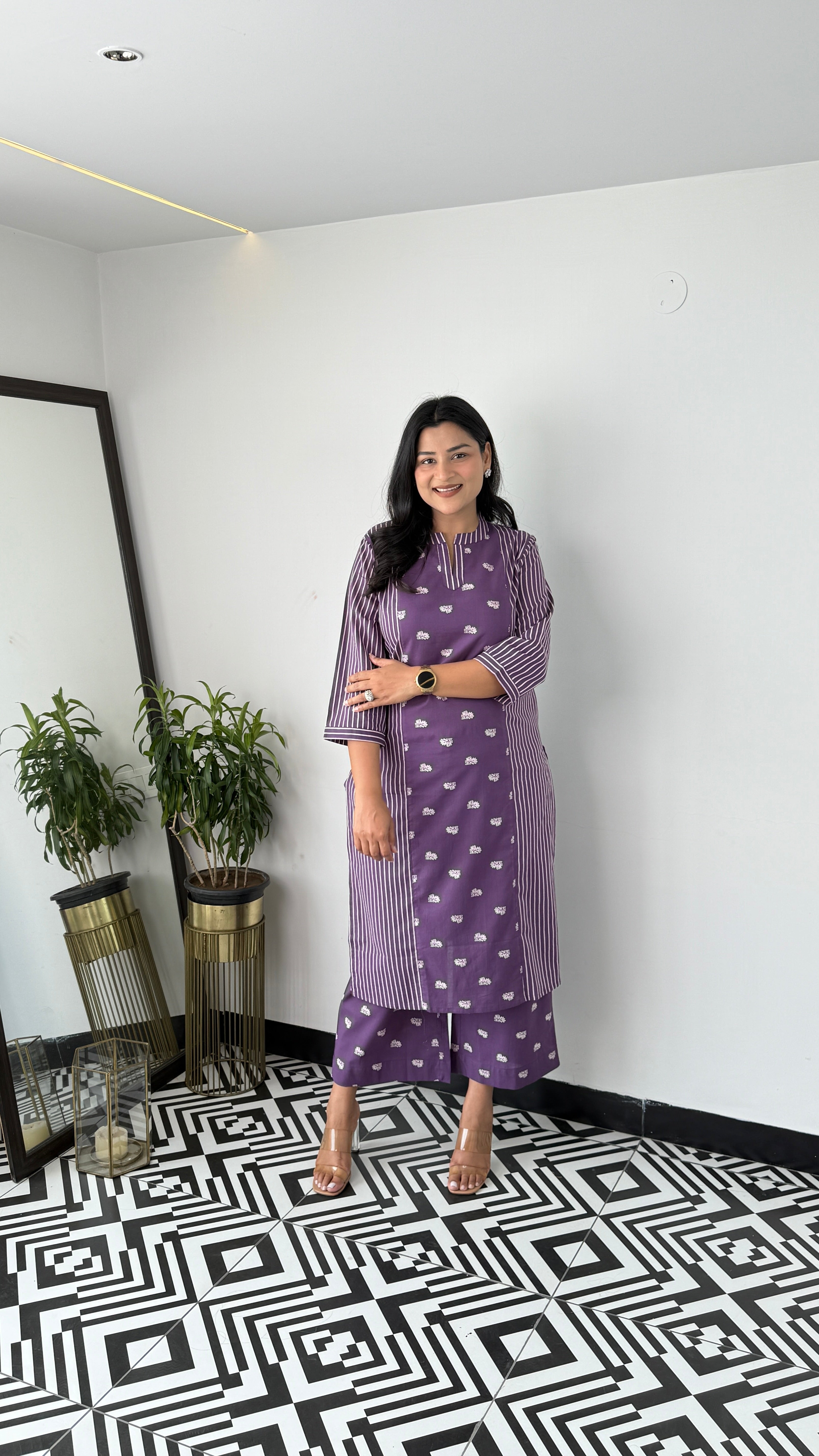 Stripe and Solid Purple Kurta Pants