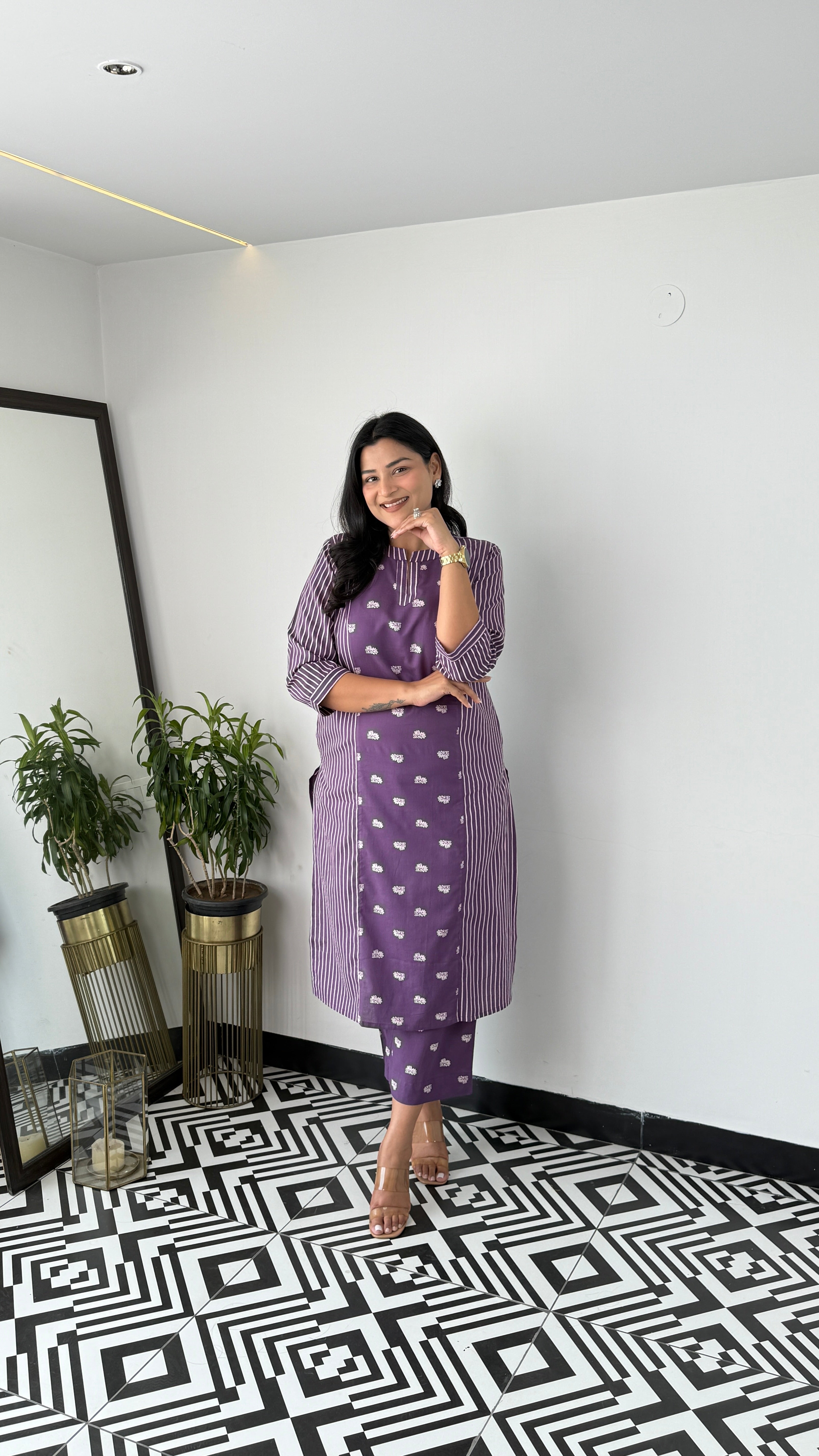 Stripe and Solid Purple Kurta Pants
