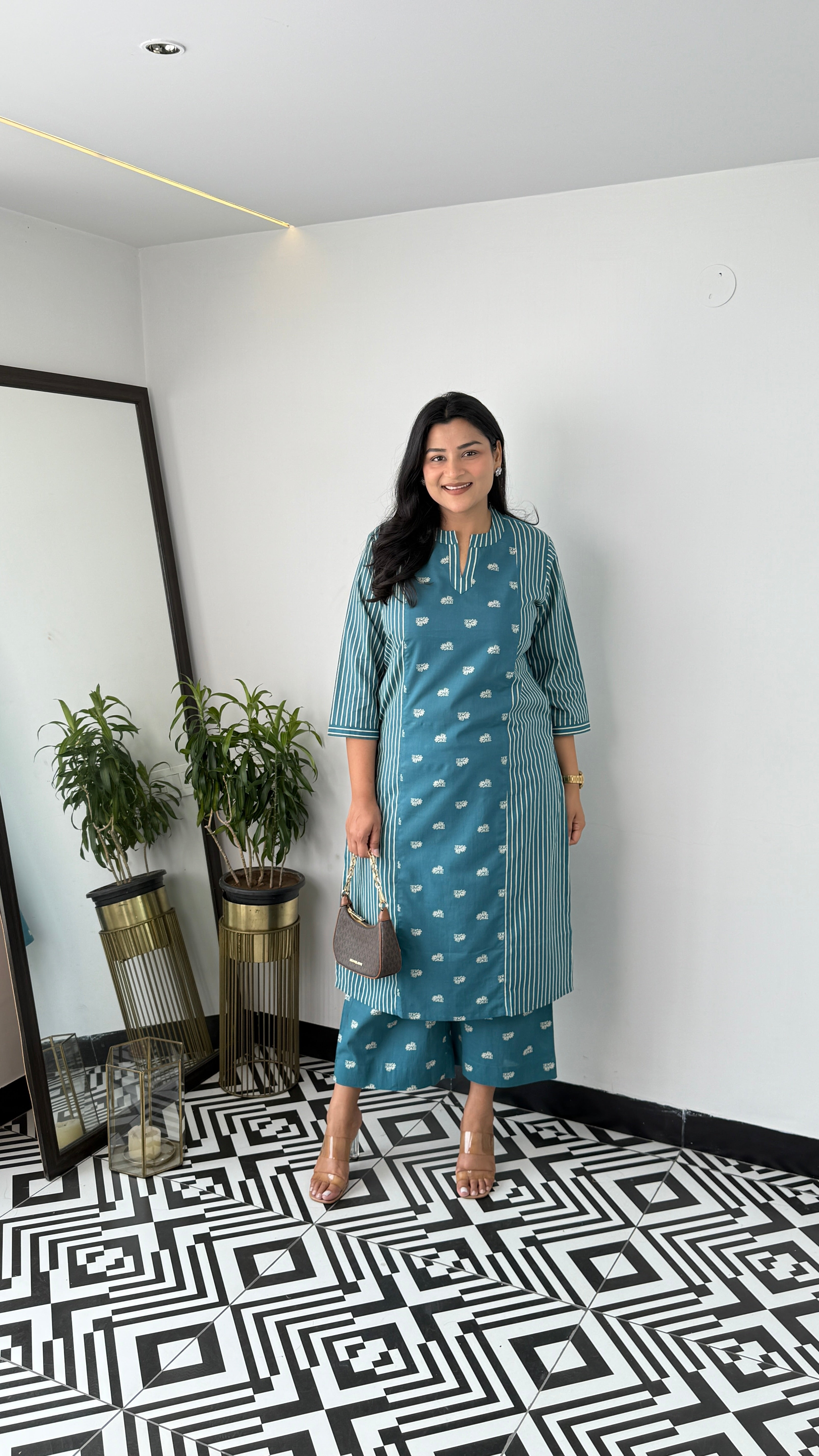 Stripe and Solid Teal Blue Kurta Pants
